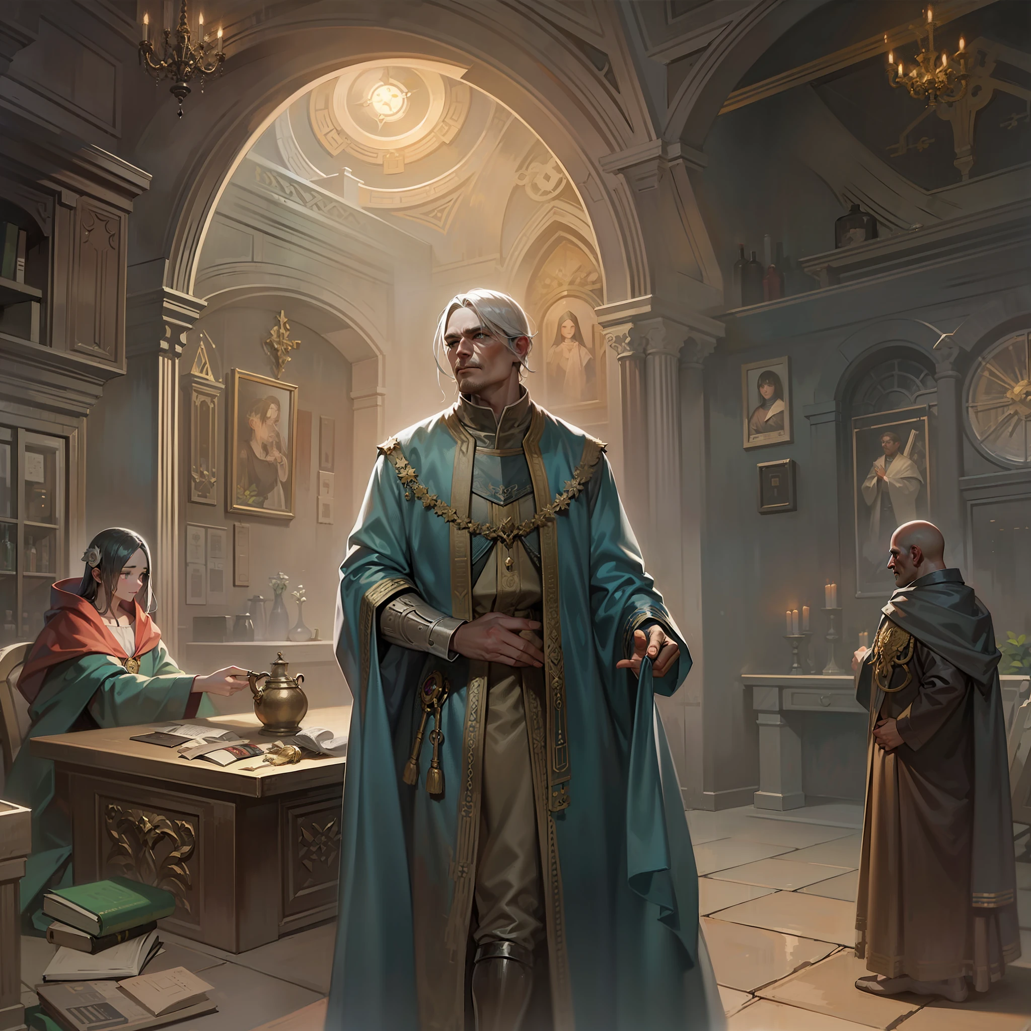 Thin man in ordinary robes of the medieval period in the universe of D&D