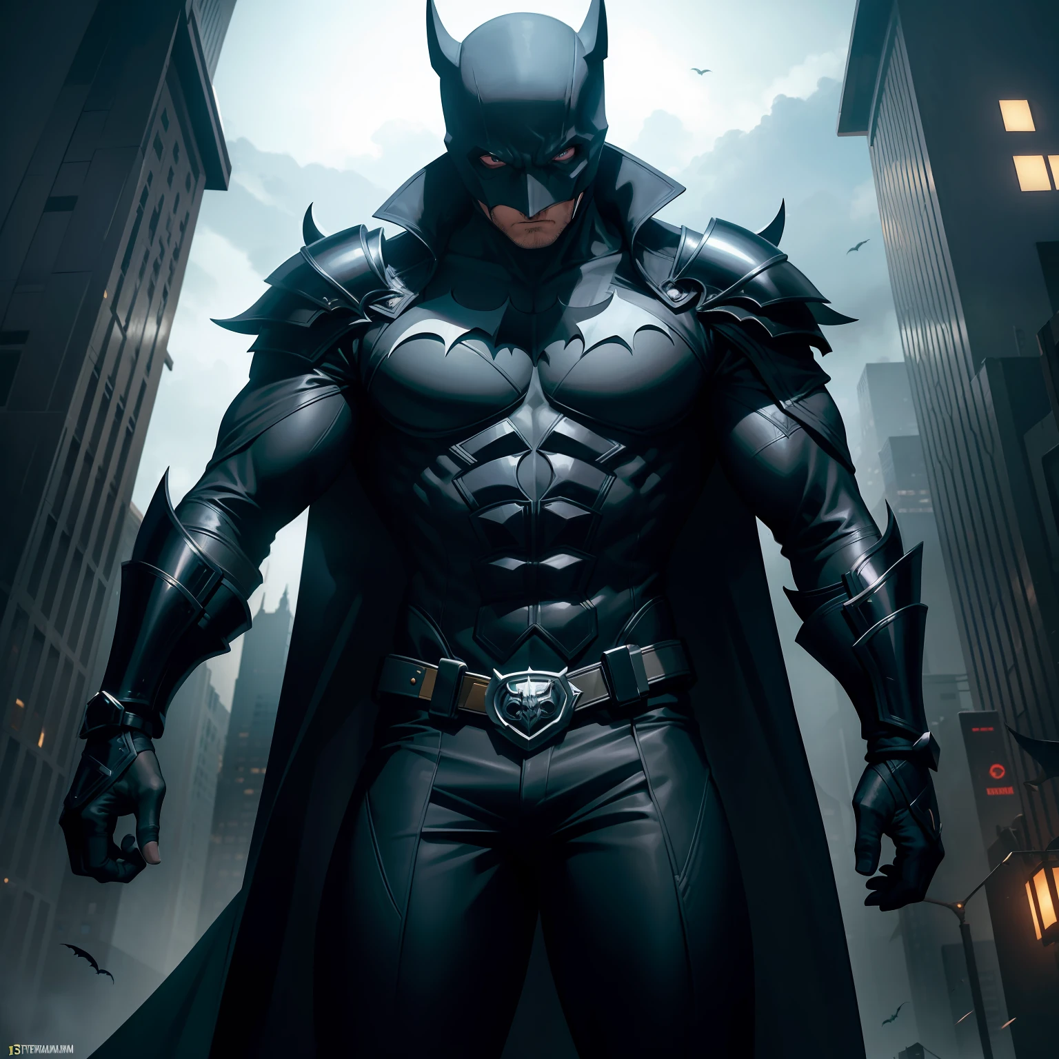 "In a Gotham City of the future, shrouded in darkness and full of dark mysteries, surge o Batman vestindo uma roupa branca futurista, Gothic and rustic. Combining technological elements and Gothic details, the Dark Knight's armor stands out amid the shadows, leaving a trail of sinister elegance wherever it passes. His eyes shine brightly behind the mask, revealing his determination to protect the city from the threats plaguing it. Com suas habilidades de combate afiadas e sua mente brilhante, He faces the most dangerous villains, plunging into the depths of darkness to bring the light of justice to Gotham City.”