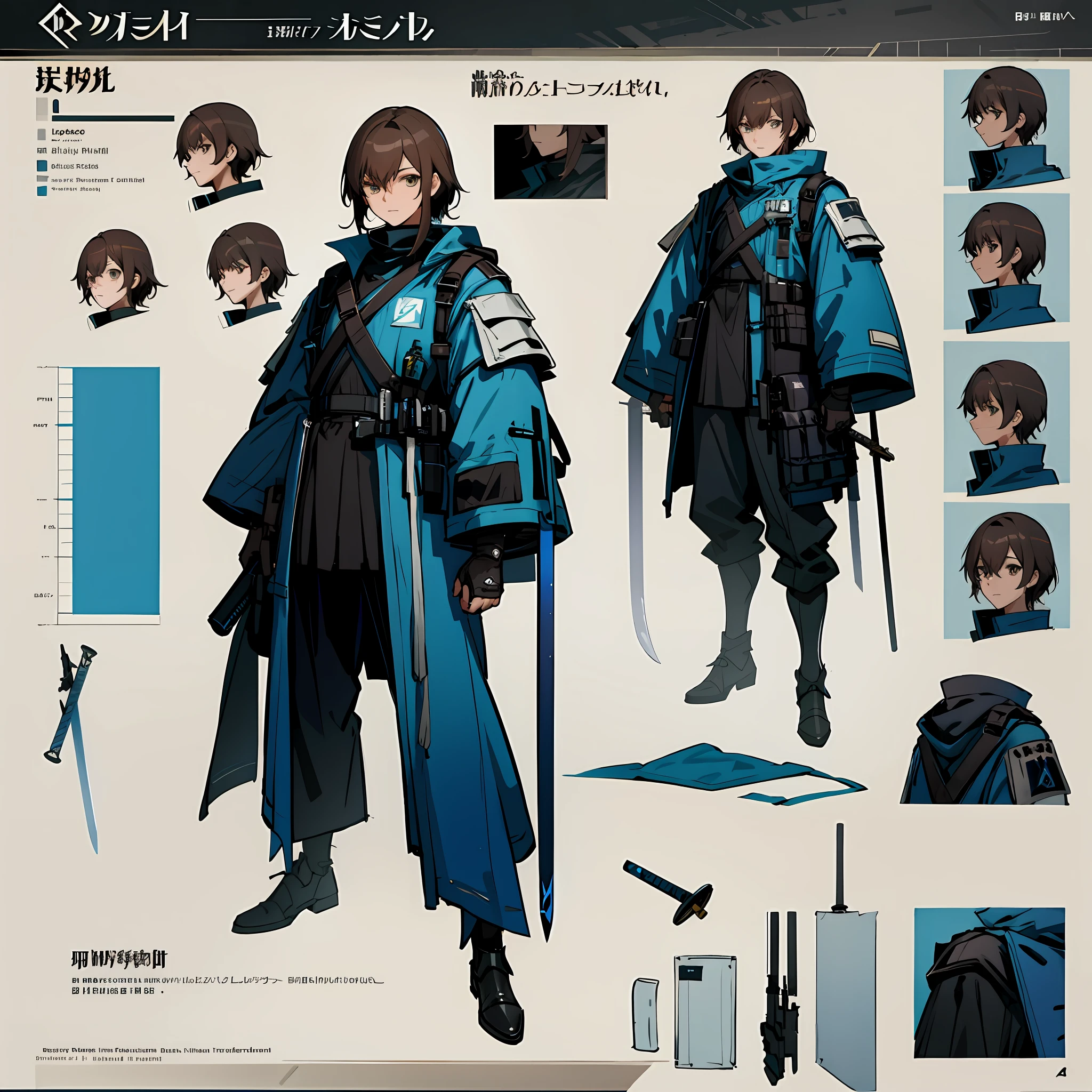 ((masterpiece)), (ultra detailed), (best quality), detailed background, (arknights style), (concept art, character sheet), (adult man, tall, muscular body, dark brown hair, short detailed hair), (protective suits,tactical vest,Tactical masks,Blue goggles,respirator),(Cyan reflective patch on the breastplate),(sword in hands,long sword,detailed sword),((Realistic detailed equipment))