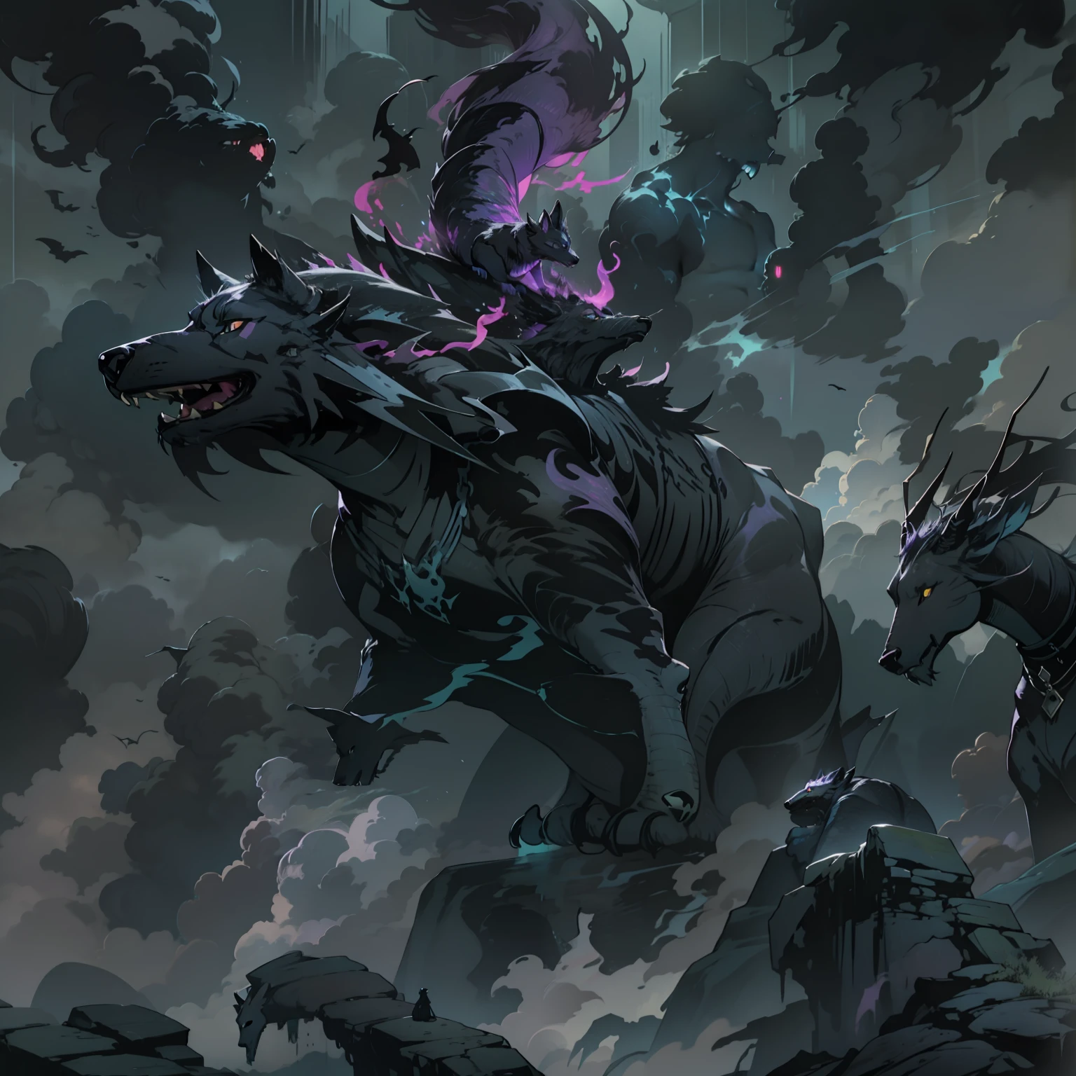 mystical creature, made of black smoke with purple, that is in the shape of an animal.