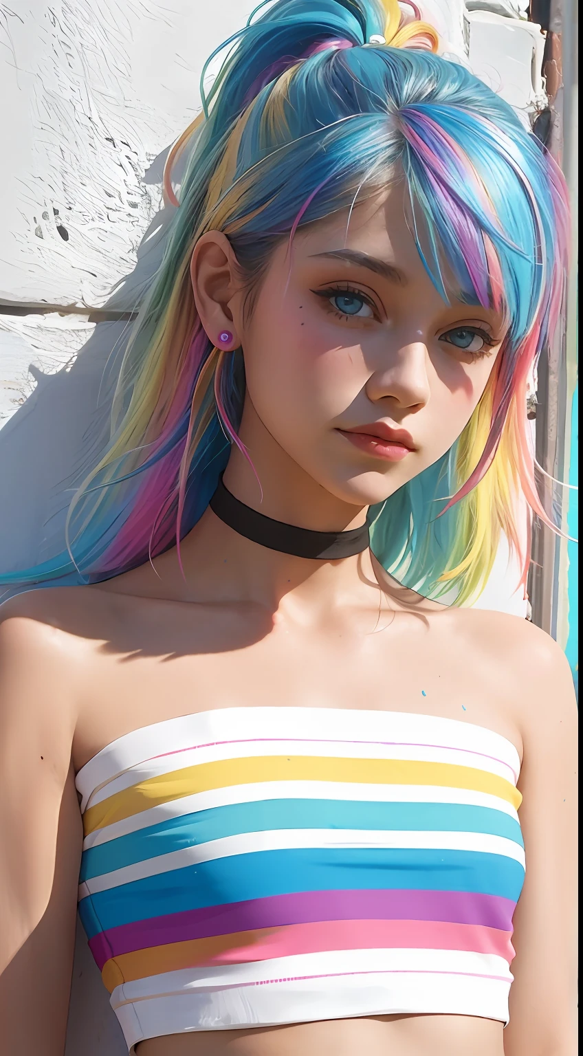 （Pink fashion T-shirt：1.9），（Colorful hair：1.8），（Rainbow all colors：1.8），（（（（Vertical painting：1.6)）），（painting of a：1.6），frontage，comic strip,illustration,painting of a,largeeyes,crystal-clear,（rainbow color gradient high ponytail：1.7）,Delicatemakeup,Keep one's mouth shut,(Small Fresh:1.5),(Bandeau:1.6),long eyelasher,White shoulder T- shirt, White Shoulder Shirt，looking at viewert，watery big eyes，(rainbow colour hair：1.6), color splash, （solo：1.8）, color splash, color explosion, colour splash, color explosion, Thick lacquer style，Messy lines，((shining)) ，(colorful), (colorful), (colorful), colorful, Thick Paint Style, (Splash) (Color Splash), Vertical Painting, Upper Body, Paint Splash, Acrylic Pigment, Gradient, Paint, Highest Image Quality, Highest image quality, Masterpiece, Solo, Depth of Field, Face Paint, colorful clothes, (ellegance: 1.2), opulent, long whitr hair, ventania, (ellegance: 1.3), (petals: 1.4)，(((masterpiece))),(((Best quality at best))),((ultra - detailed)),(illustratio),(dynamic angle),((floatking)),(Paintwork),((Loose hair)),(solo),(1girl) , (( (Detailed anima face))),((Beautiful detailed face)),collars,exposed bare shoulders,whaite hair,((The color hair)),((Striped hair)),Beautiful detailed eyes,(Gradient color eyes),(( （Colored eyes））），（（（coloured background））），（（（high saturated）））