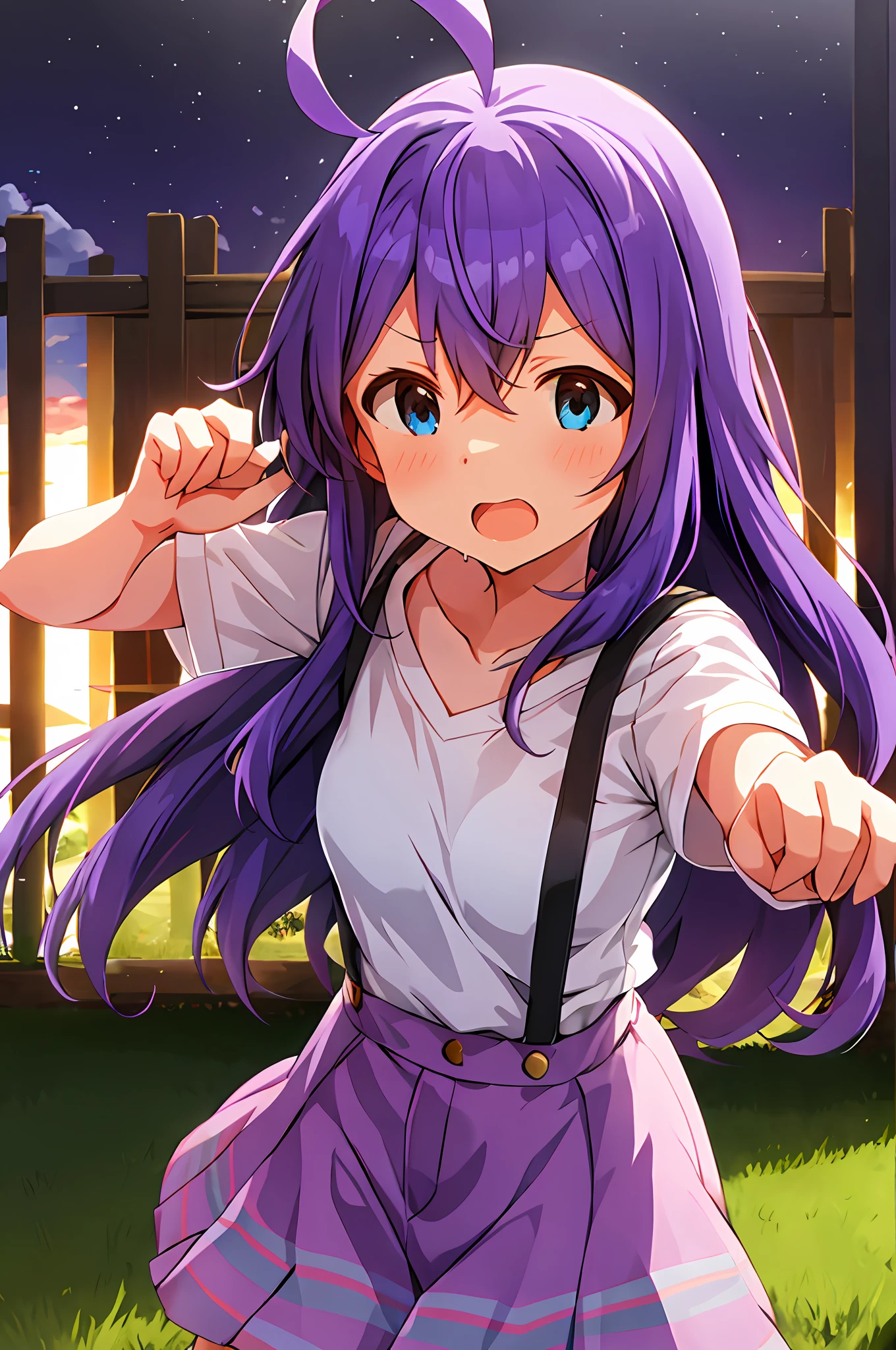 mochizuki anna,1girl in,Solo,Long hair,Purple hair,big breasts.Ahoge,Blue eyes.Short stature.white t-shirts.suspenders.Skirt.Evening glow.the setting sun.Despair face.Sweat.Opening Mouth.up chest.Fighting stance.