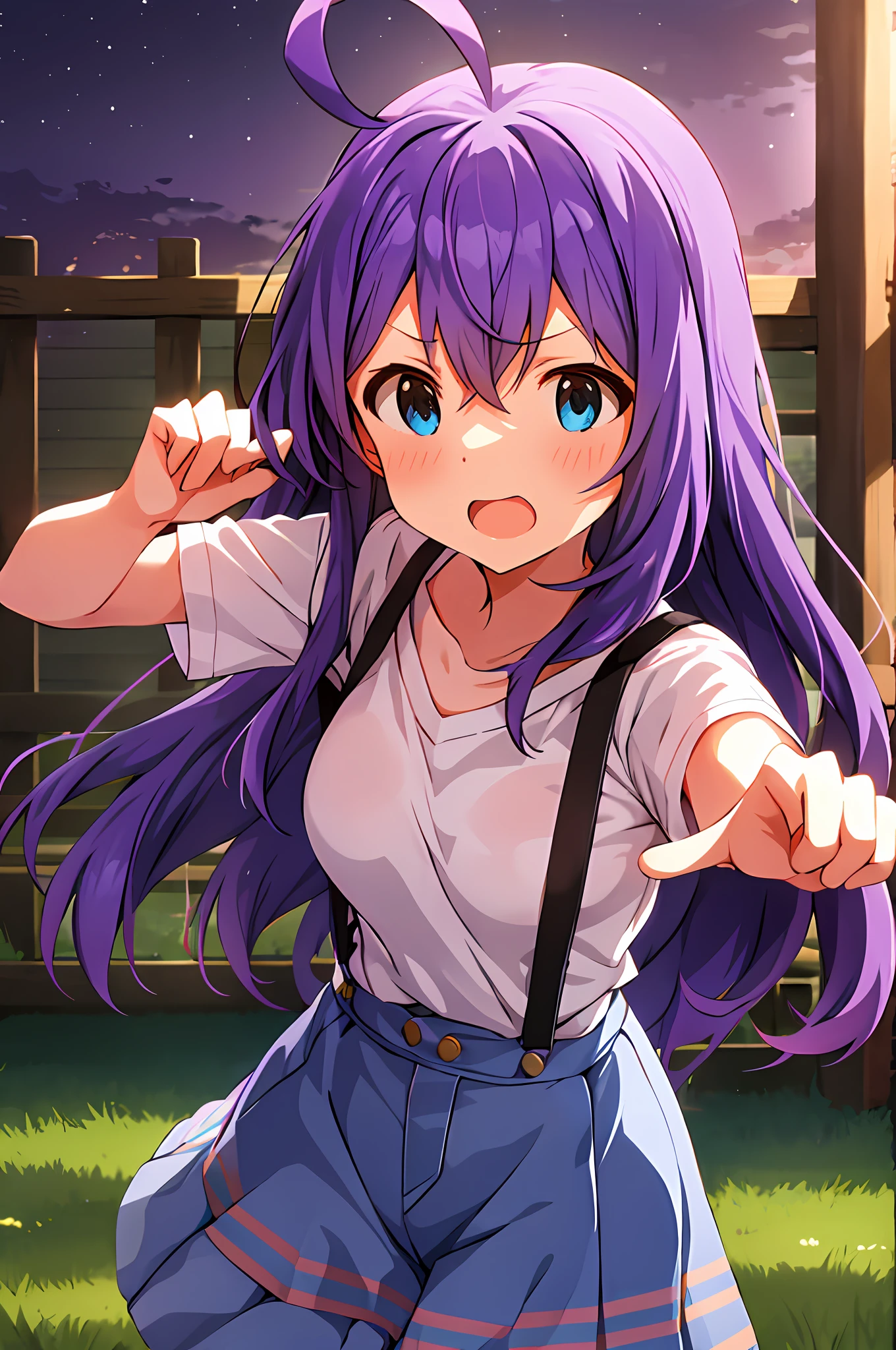 mochizuki anna,1girl in,Solo,Long hair,Purple hair,big breasts.Ahoge,Blue eyes.Short stature.white t-shirts.suspenders.Skirt.Evening glow.the setting sun.Despair face.Sweat.Opening Mouth.up chest.Fighting stance.