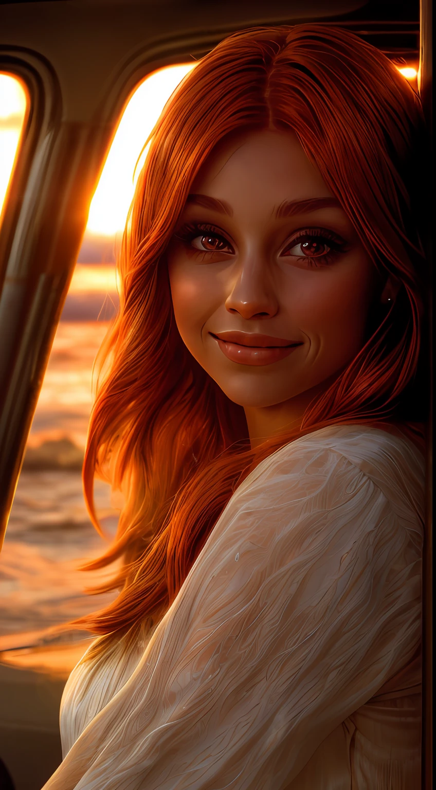 A close-up of a woman's face, bathed in warm orange hues, as if lit by the soft glow of a sunset, her eyes sparkling with joy and contentment, framed by wisps of flowing auburn hair, Photography, shot with a 35mm lens