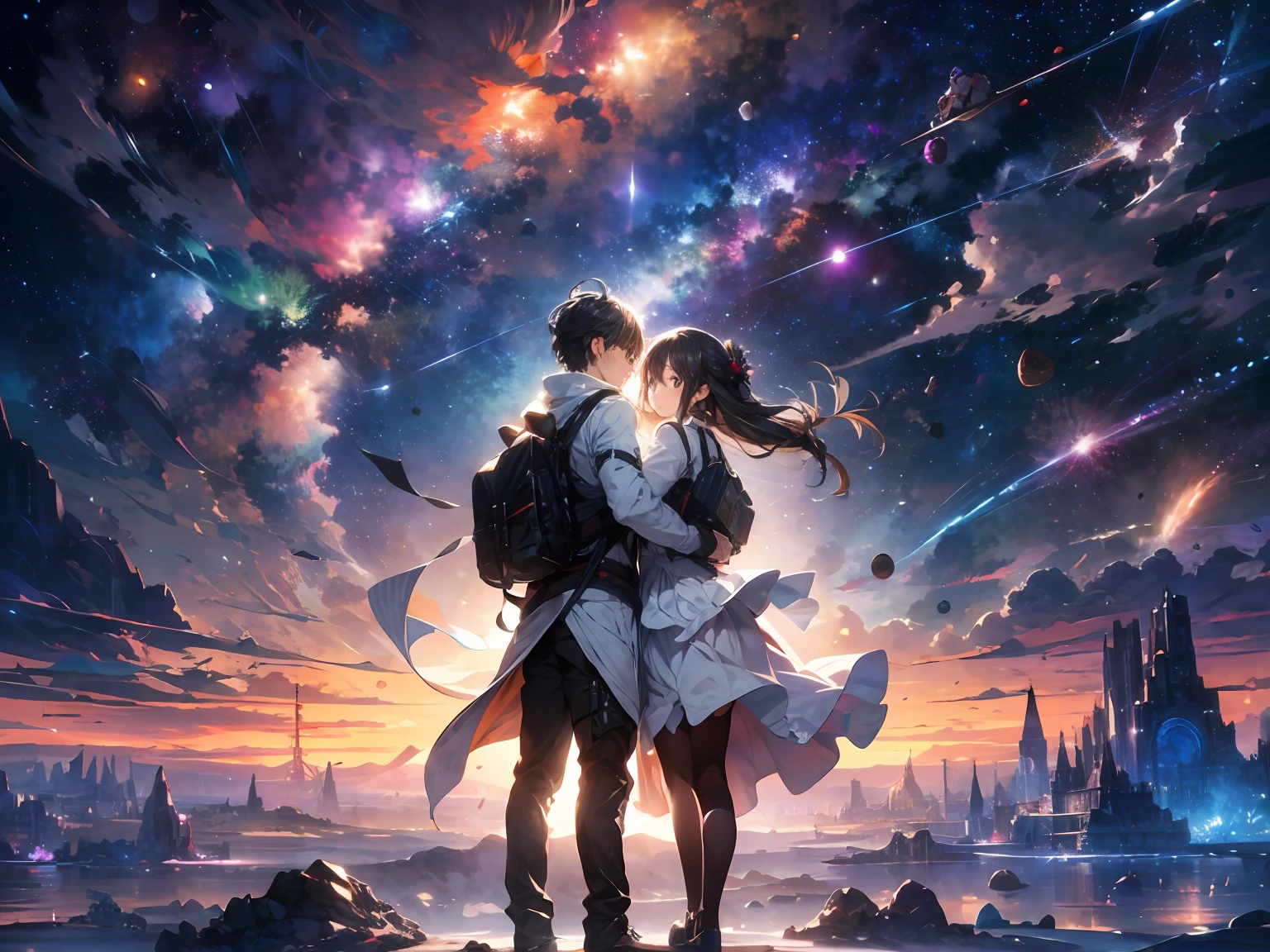 Draw a man and a woman embracing, Standing on a research platform floating in the middle of an asteroid belt, vire as costas para os espectadores, from behind, surrounded by several bright asteroids with fireproof auras The dramatic illumination of distant stars and planets illuminates the scene, casting deep shadows on the costume, looking at the vast and mysterious universe with wonder and respect, quebrar, detalhado, realista, 4k arte digital altamente detalhada, Renderizar octanagem, bioluminescente, BREAK 8K resolution concept art, Realismo, by Mappa Studios, obra-prima, melhor qualidade, Arte Oficial, illustration, Linha clara, (Fresco_cor), perfect compositio, Absurdo, fantasia, focado, rule of thirds, Explosions, poder, casal de home e mulher juntos