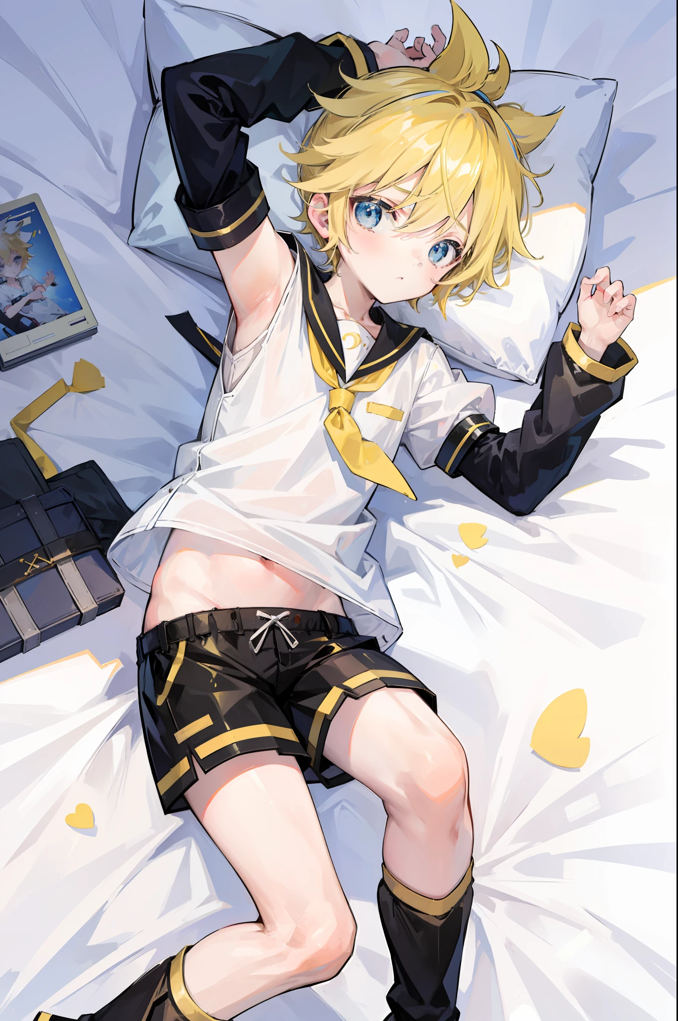 best quality, ultra precision, (one boy), (Len_Kagamine), cute, cool, blond hair, shota, handsome, cowlick, sailor uniform, black short pants, slender,  your cute boyfriend, innocent, boy model, boy is cute like a girl, on bed, lying on bed, full body, lovely, boy adore you, boy love you, spoiled child