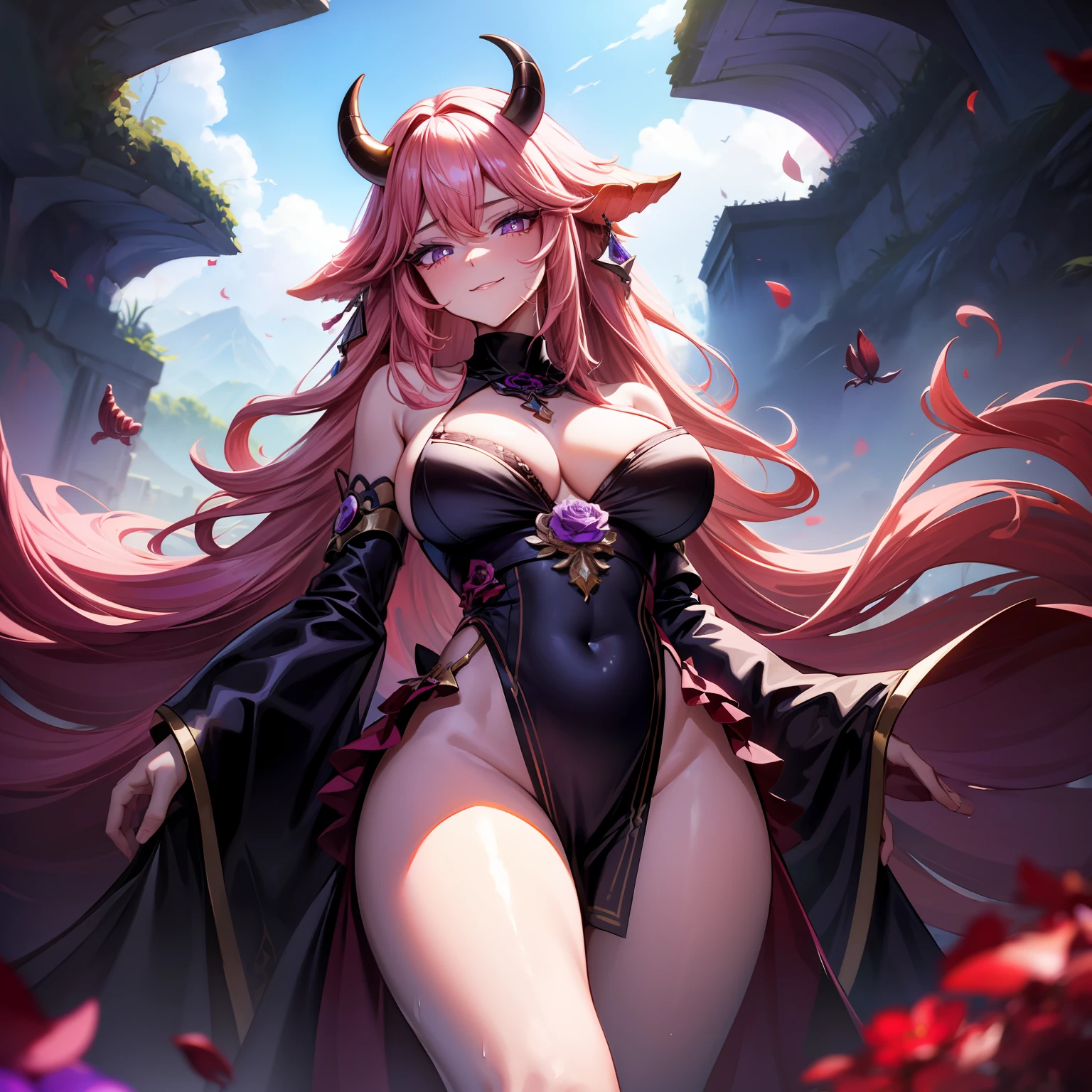 A female demon milf with black demon horn with wet dress turned on her back, sbikini , mamilos esquerdo visivel, ((demon horn)), cabelo de rapunzel cor-de-rosa extremamente longo, ((Cabelo de rapunzel cor-de-rosa)), White eyes of the demon, ((olhos brancos)), corpo volumoso com seios e busto enormes, ((seio e busto enormes)),Purple mist with purple energy particles and floor with red liquid, olhar perverso e vazio, sem brilho nos olhos, com um perverso, sorria olhando para o espectador de baixo;, Moda realista, sysie high definition details, fotografia, perspicacity, unique 850 4, Koda850 k portrait camera, Primavera F1.6, cores ricas, Textura super realista, textura de luz espetacular, arte surreal, Cinestil 800 mecanismo de moda