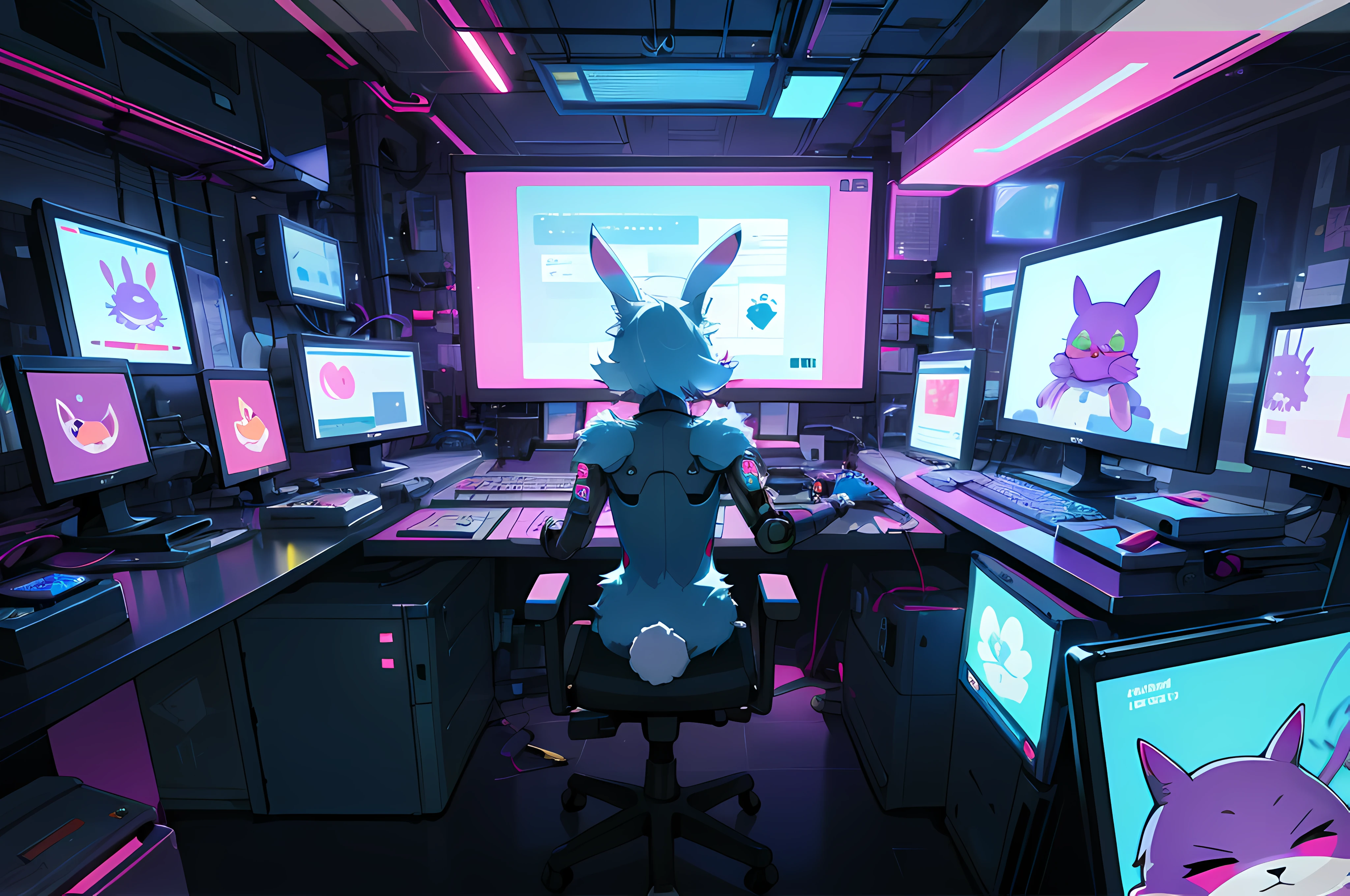 (blame! style abandoned tech landscape), (Zen, Amy Sol style), (((beats to relax/study to))), (((Lofi anthro kemono blue-furred rabbit girl in power armor sitting in metal chair behind computer terminal, behind giant glass terminal screen, beats to relax/study to))), (((blue kemono beastars furry rabbit anime hacker with small soft furry paws))), (((suspended glass cyberpunk computer terminals with robot rabbit in background))), ((glowing cyberdeck screens)), (underground, dark, foggy, perilous, abandoned dystopian apartment bedroom, deep windows), (abstract anthro rabbit figure wearing bunny ears), cover art with light abstraction, abstract, simple vector art, contemporary Cybernetic art, color gradients, soft color palettes, layered forms, whimsical animation, style Ethereal abstract, 4K, --v6