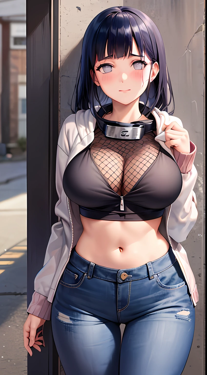 Obra-prima, highres, alta qualidade, rosto detalhado, render corpo detalhado, 1girl, solo, hyuuga hinata, hinata-sleevless-outfit, middlebreasts, peito medio, camisa sem mangas, top, fishnet top, Dark lips, unzipped jacket, no-bra, seios para fora, mamilo, standingn, blushes, (no quarto), tight jeans