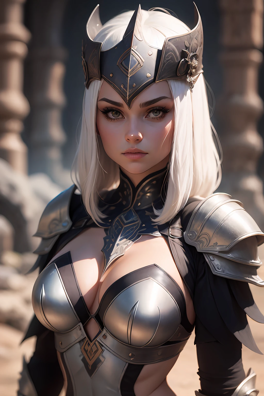 Uma jovem mulher com chifres vestida com uma armadura de metal, cabelos preto longo e cacheado, rosto bonito, corpo musculoso, simetria, imagem de corpo inteiro, fantasy art, fantasy medieval, arte realista, melhor qualidade, 4k