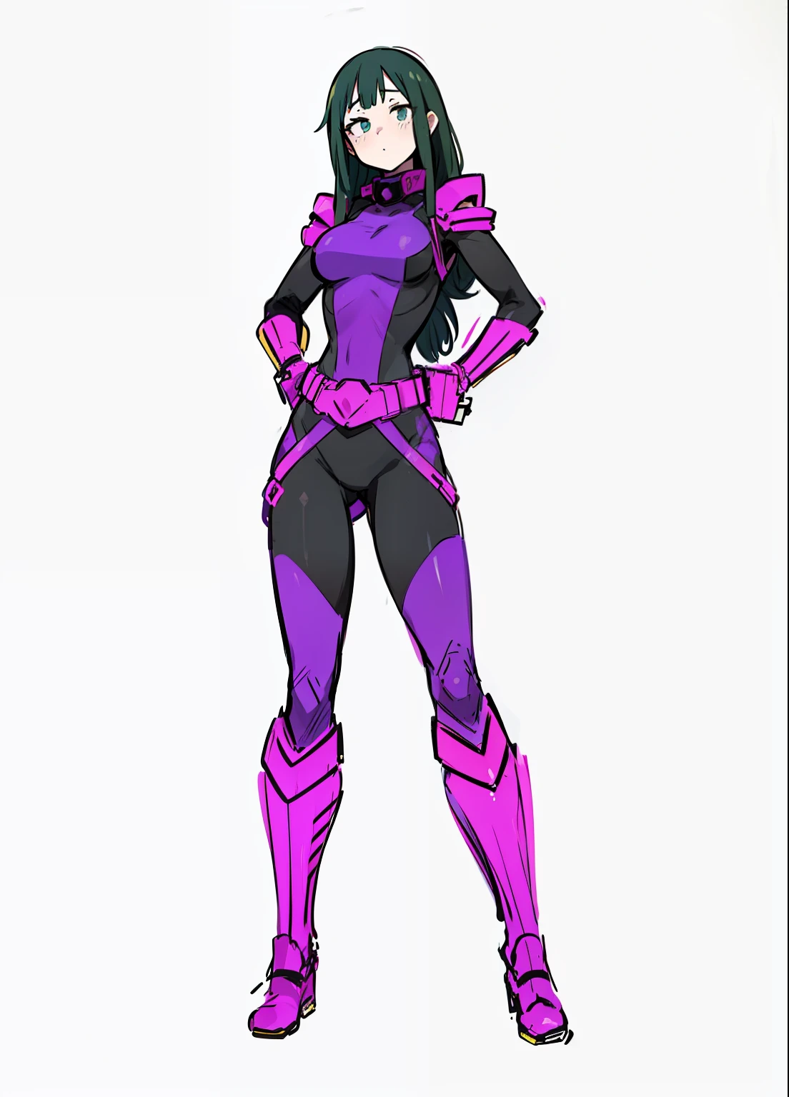 My Hero Academia style, anime Girl, female, wide hips, wide thighs, large breast, Hero suit, full body suit,