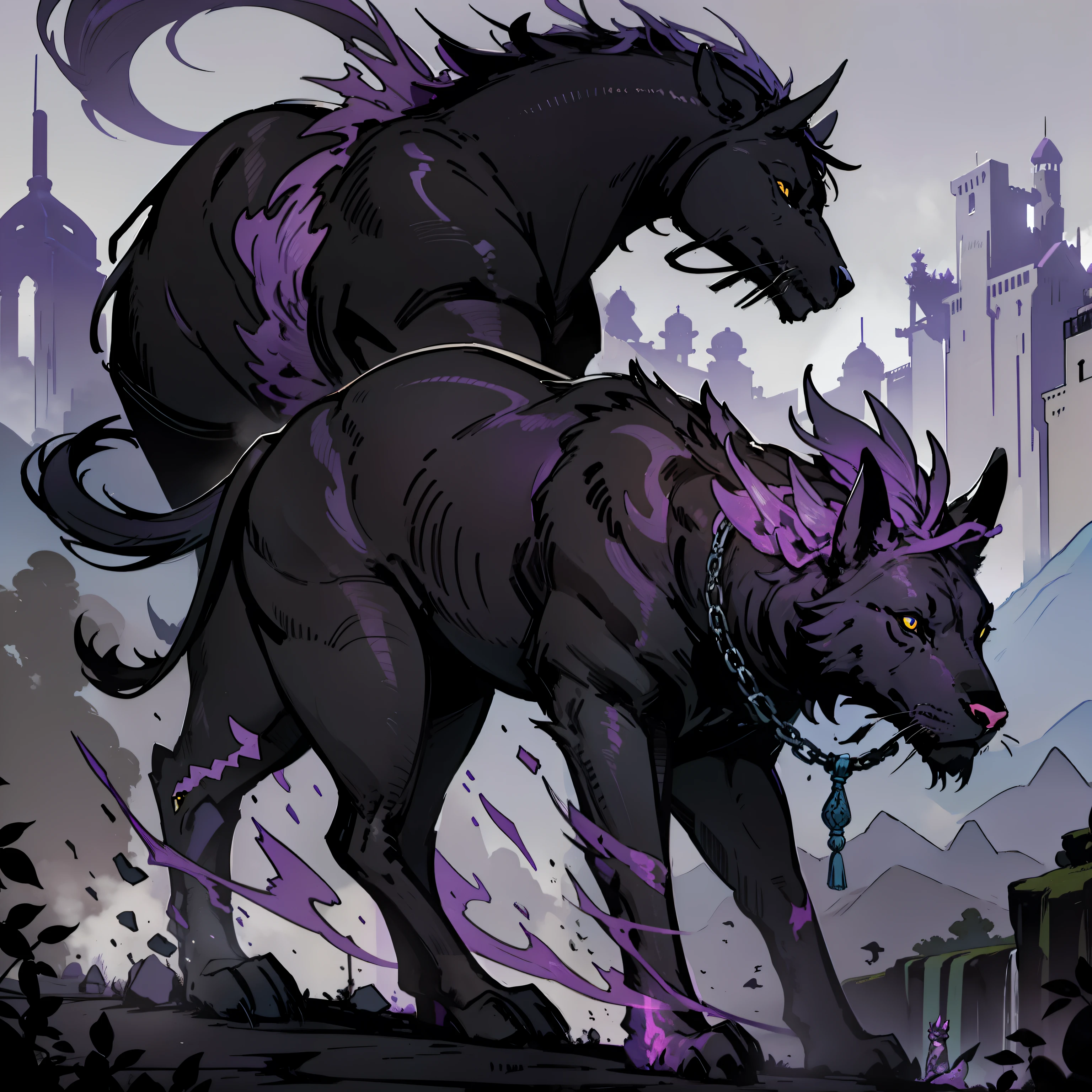 mystical creature, made of black smoke with purple, that is in the shape of an animal.