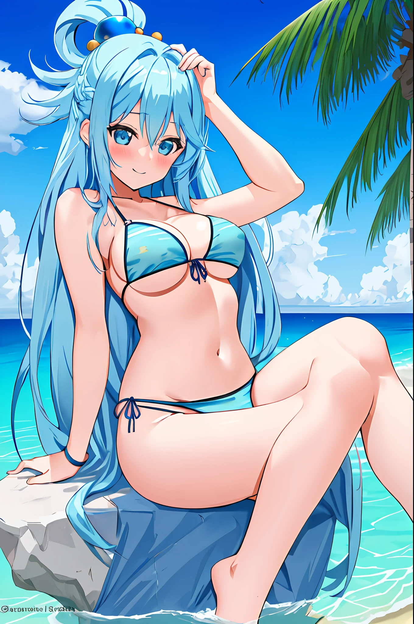 aqua \(konosuba\), 1girl, blue eyes, blue hair, blush, breasts, hair ornament, hair rings, long hair, bikini, beach, looking at viewer, upper body, sexy, medium breasts, open hand, single hair ring, smile, solo, siting, very long hair, very detailed background, masterpiece, high quality