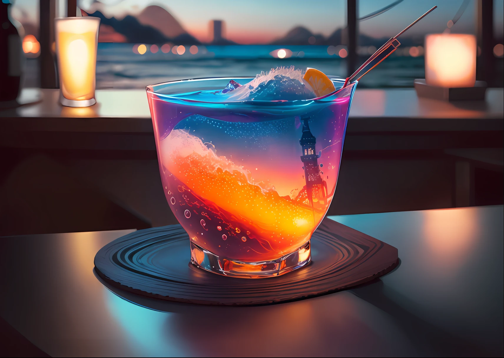cocktailworld, with waves, no humans, scenery, street, window, depth of field, ((blurred background)), masterpiece, best quality, ultra detail,