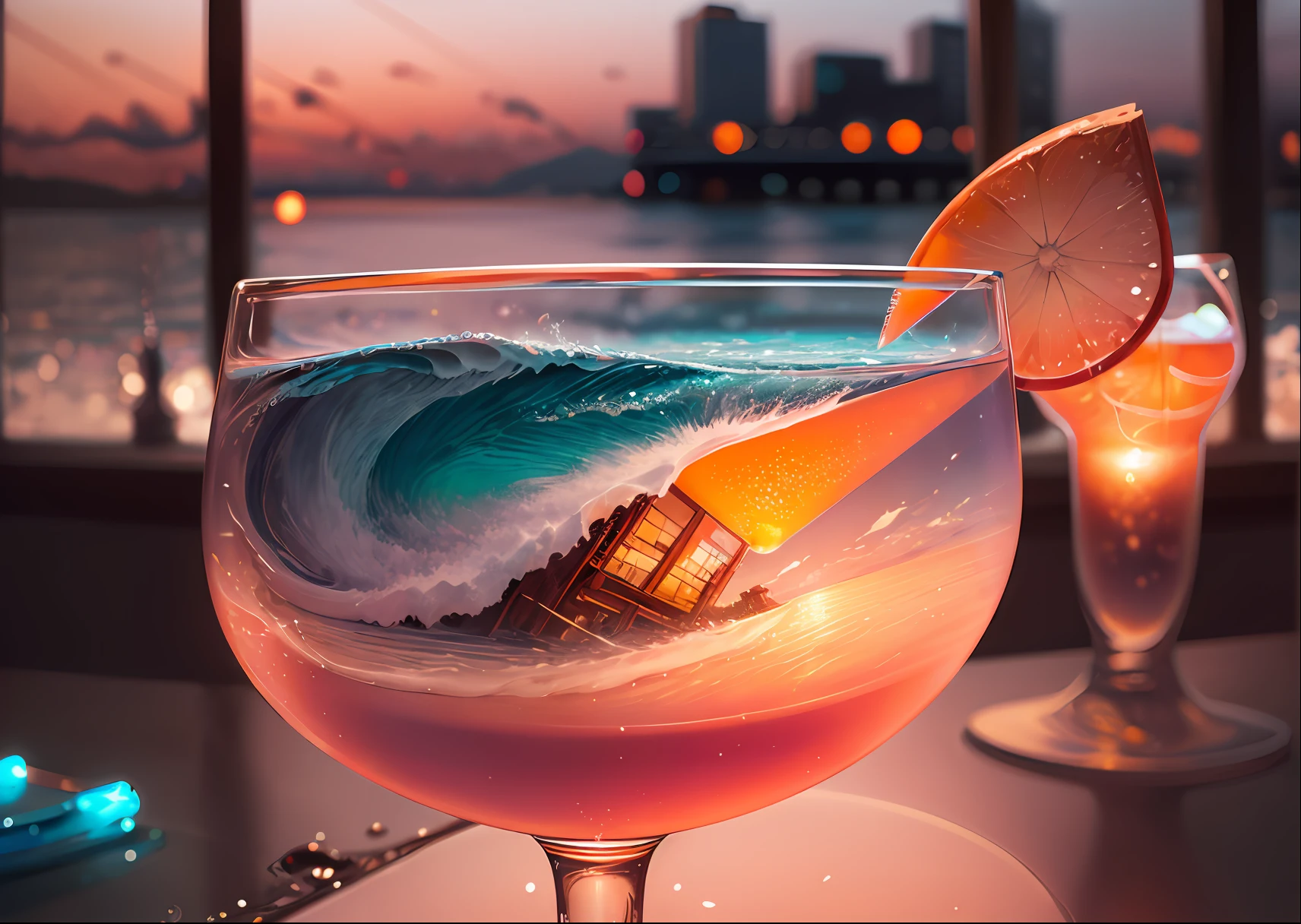 cocktailworld, with waves, no humans, scenery, street, window, depth of field, ((blurred background)), masterpiece, best quality, ultra detail,