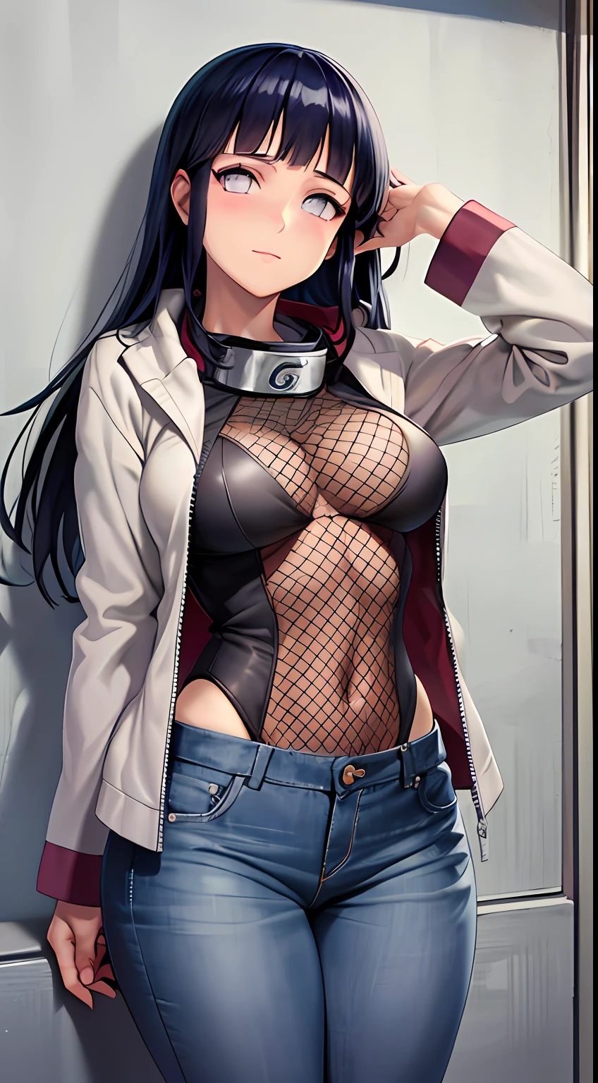 Obra-prima, highres, alta qualidade, rosto detalhado, render corpo detalhado, 1girl, solo, hyuuga hinata, hinata-sleevless-outfit, middlebreasts, peito medio, camisa sem mangas, top, fishnet top, Dark lips, unzipped jacket, no-bra, seios para fora, mamilo, standingn, blushes, (no quarto), tight jeans