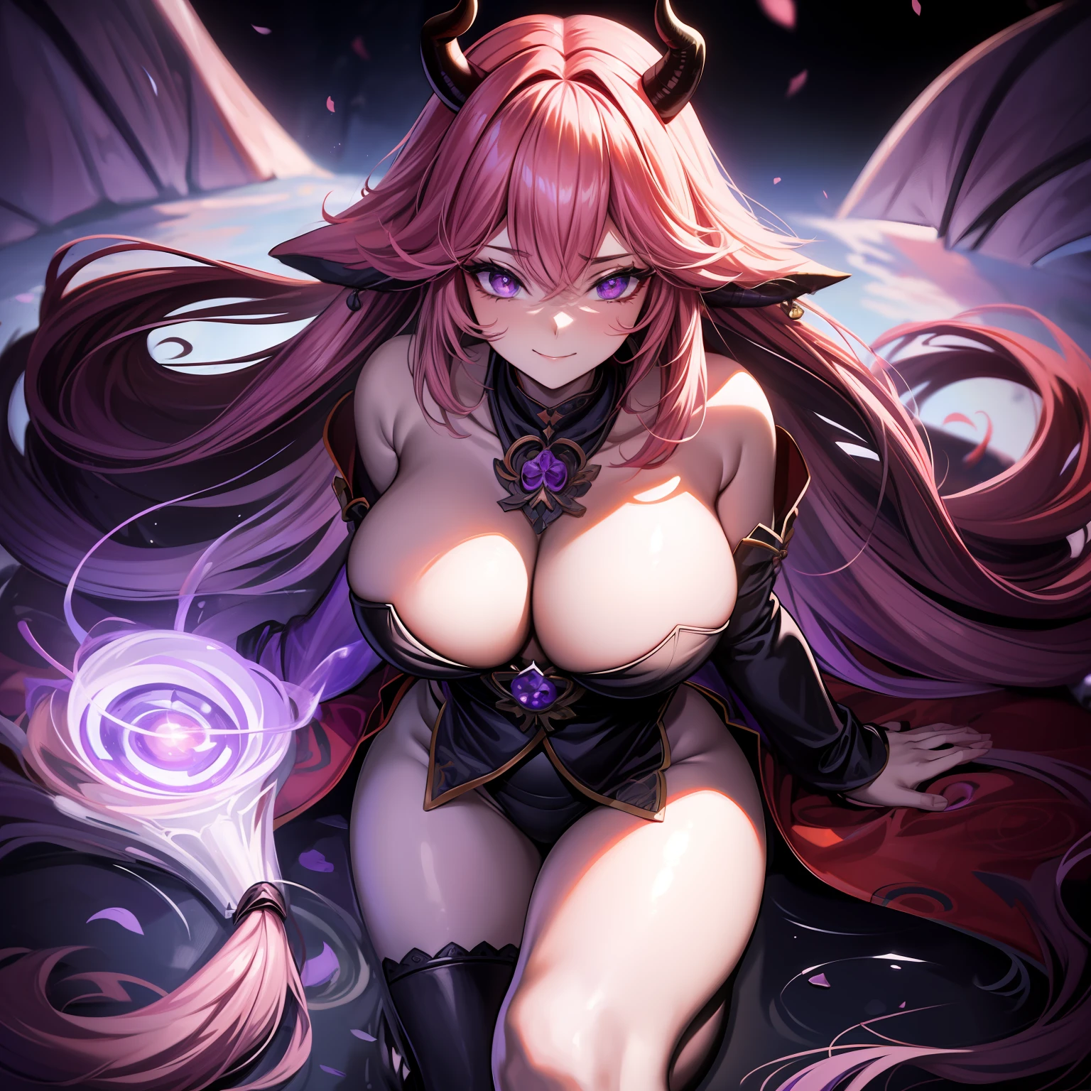 A female milf demon with black demon horn without clothes, mamilos expostos, Visible, ((Corpo nu)), sem roupa, pelada, ((demon horn)), cabelo de rapunzel cor-de-rosa extremamente longo, ((Cabelo de rapunzel cor-de-rosa)), White eyes of the demon, ((olhos brancos)), corpo volumoso com seios e busto enormes, ((seio e busto enormes)),Purple mist with purple energy particles and floor with red liquid, olhar perverso e vazio, sem brilho nos olhos, com um perverso, smile looking at the viewer in panoramic view;, Moda realista, sysie high definition details, fotografia, perspicacity, unique 850 4, Koda850 k portrait camera, Primavera F1.6, cores ricas, Textura super realista, textura de luz espetacular, arte surreal, Cinestil 800 mecanismo de moda