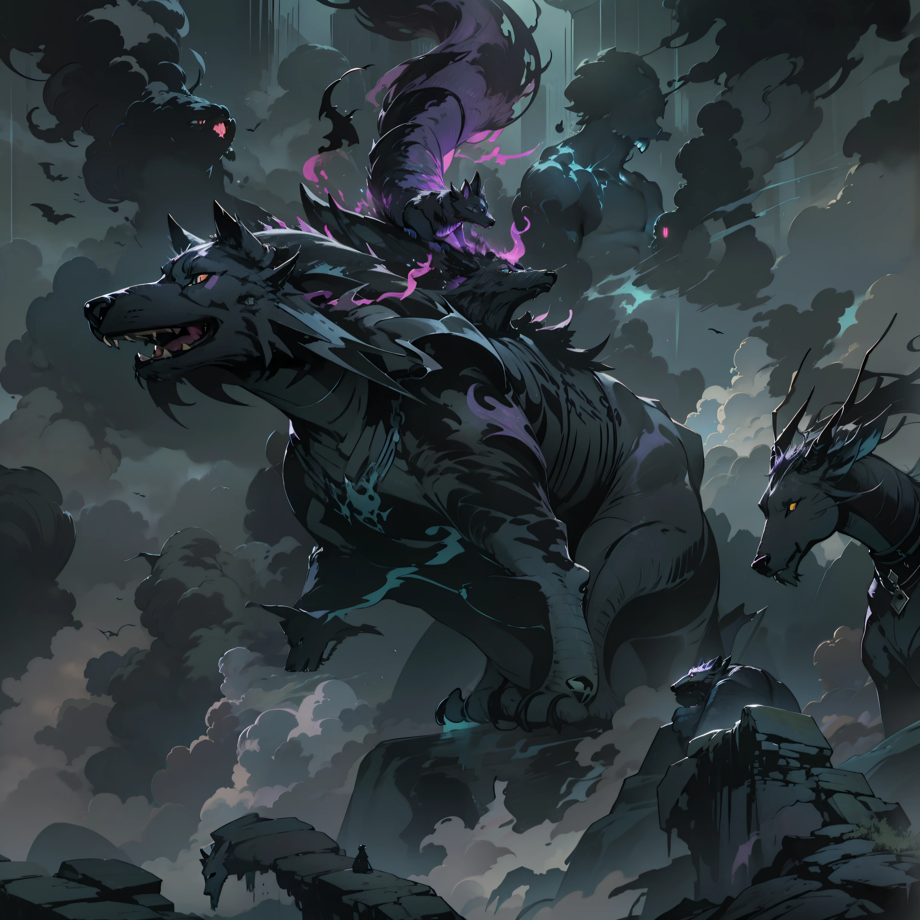 mystical creature, made of black smoke with purple, that is in the shape of an animal.