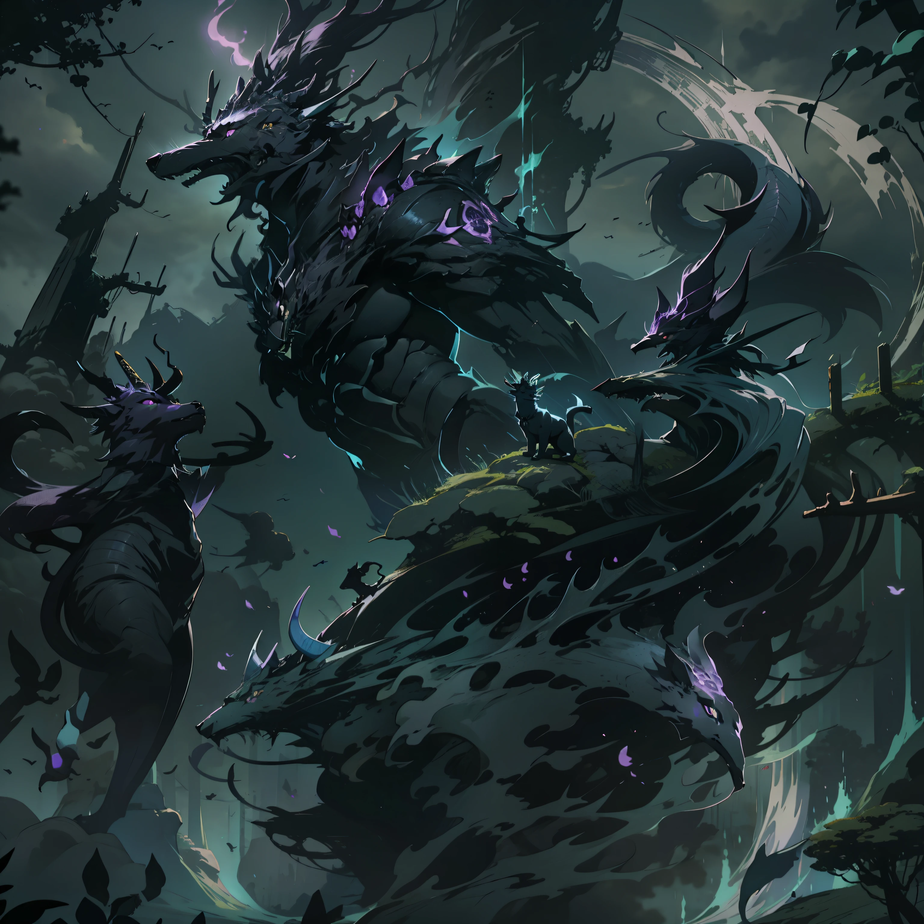 mystical creature, made of black smoke with purple, that is in the shape of an animal.