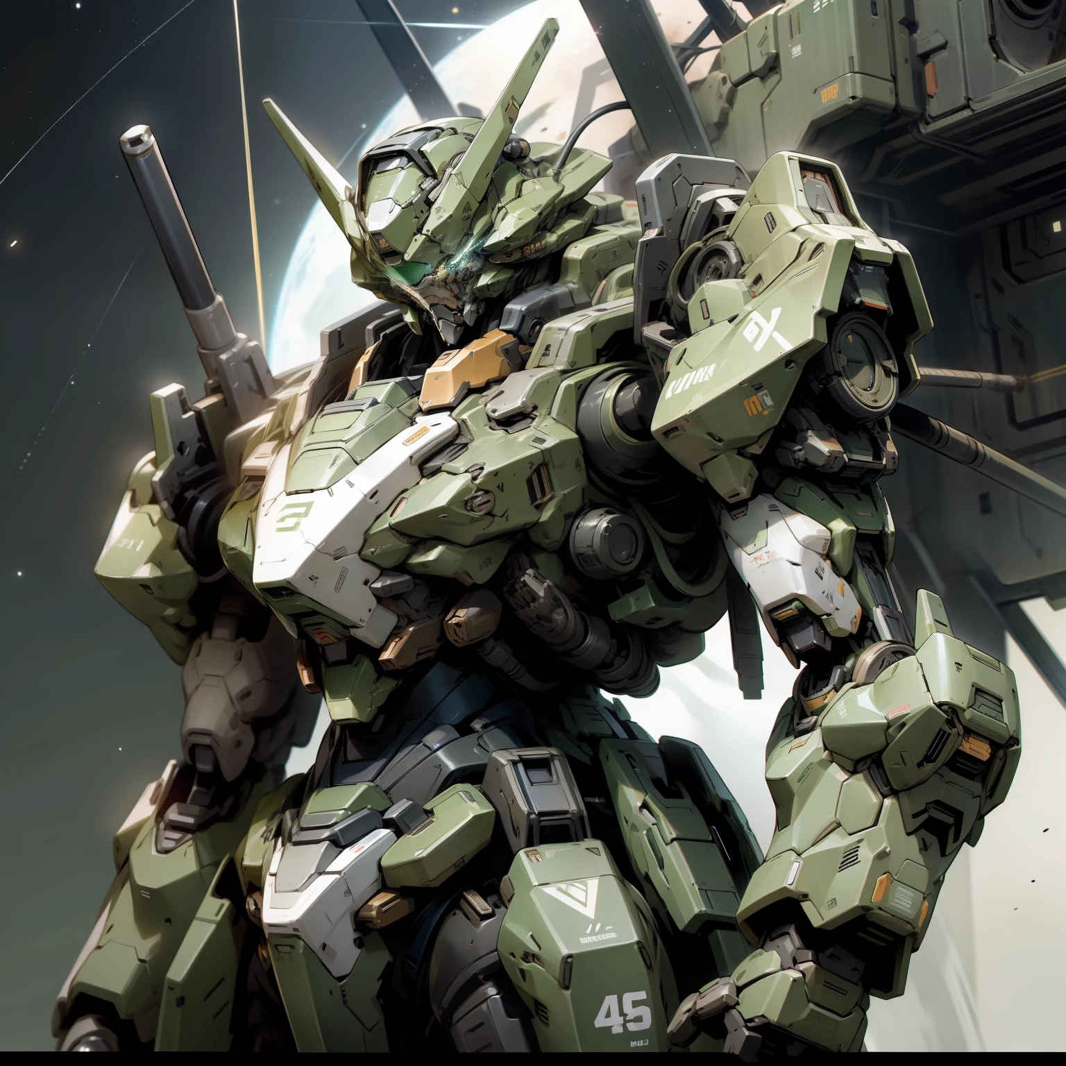 armored core mecha style, light green color, with black lines,  in the space, crossing the stars, with motors behind, jupiter behind in background, 4k