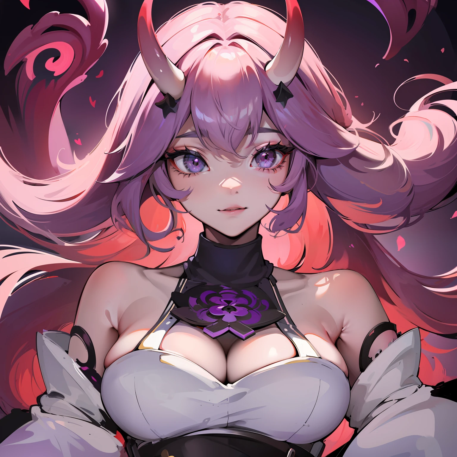 A female milf demon with black demon horn without clothes, mamilos expostos, Visible, ((Corpo nu)), sem roupa, pelada, ((demon horn)), cabelo de rapunzel cor-de-rosa extremamente longo, ((Cabelo de rapunzel cor-de-rosa)), White eyes of the demon, ((olhos brancos)), corpo volumoso com seios e busto enormes, ((seio e busto enormes)),Purple mist with purple energy particles and floor with red liquid, olhar perverso e vazio, sem brilho nos olhos, com um perverso, smile looking at the viewer in panoramic view;, Moda realista, sysie high definition details, fotografia, perspicacity, unique 850 4, Koda850 k portrait camera, Primavera F1.6, cores ricas, Textura super realista, textura de luz espetacular, arte surreal, Cinestil 800 mecanismo de moda