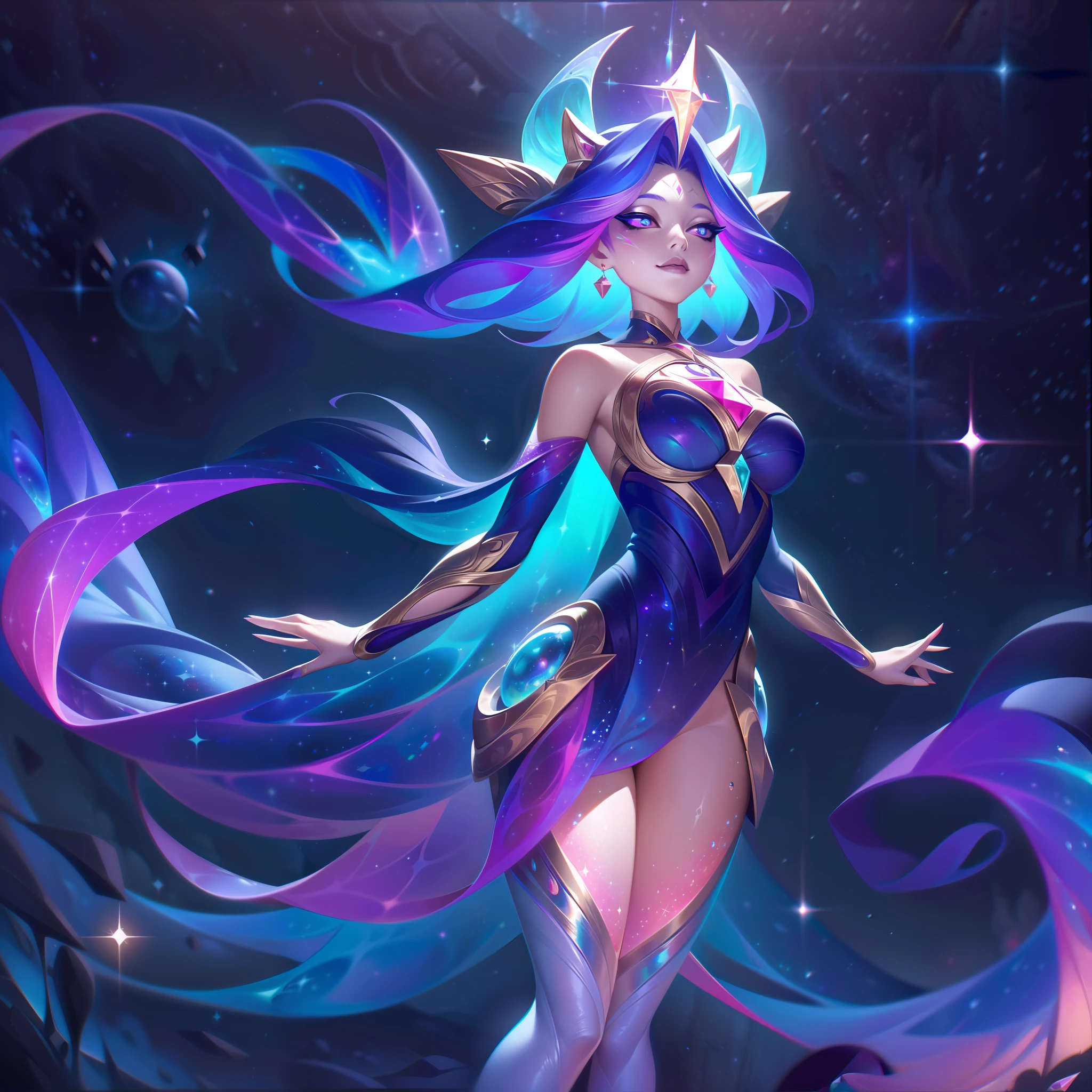 The Legendary Skin "Cosmic Sprite Baembi" takes the Forest Sprite into an awe-inspiring cosmic realm, transforming her into a celestial entity of immense power and wonder.

In the splash art, Baembi's appearance undergoes a breathtaking cosmic transformation. She now stands as a luminous and ethereal being, adorned with celestial motifs and glowing stardust. Her wings shimmer with stardust trails, signifying her celestial connection.

Her clothing now reflects the grandeur of the cosmos, featuring intricate patterns of stars and galaxies, symbolizing her affinity with cosmic forces.

Baembi's eyes gleam with cosmic energy, conveying a sense of cosmic wisdom and otherworldly power. Her pose exudes celestial grace and confidence, as if she holds the secrets of the universe in her magical grasp.

In the background, a celestial spectacle unfolds, with breathtaking nebulae, swirling galaxies, and sparkling stars adding to the sense of wonder and cosmic majesty.

The color palette is a mesmerizing blend of cosmic hues, featuring deep blues, purples, and vibrant bursts of stardust, creating an enchanting and ethereal atmosphere.