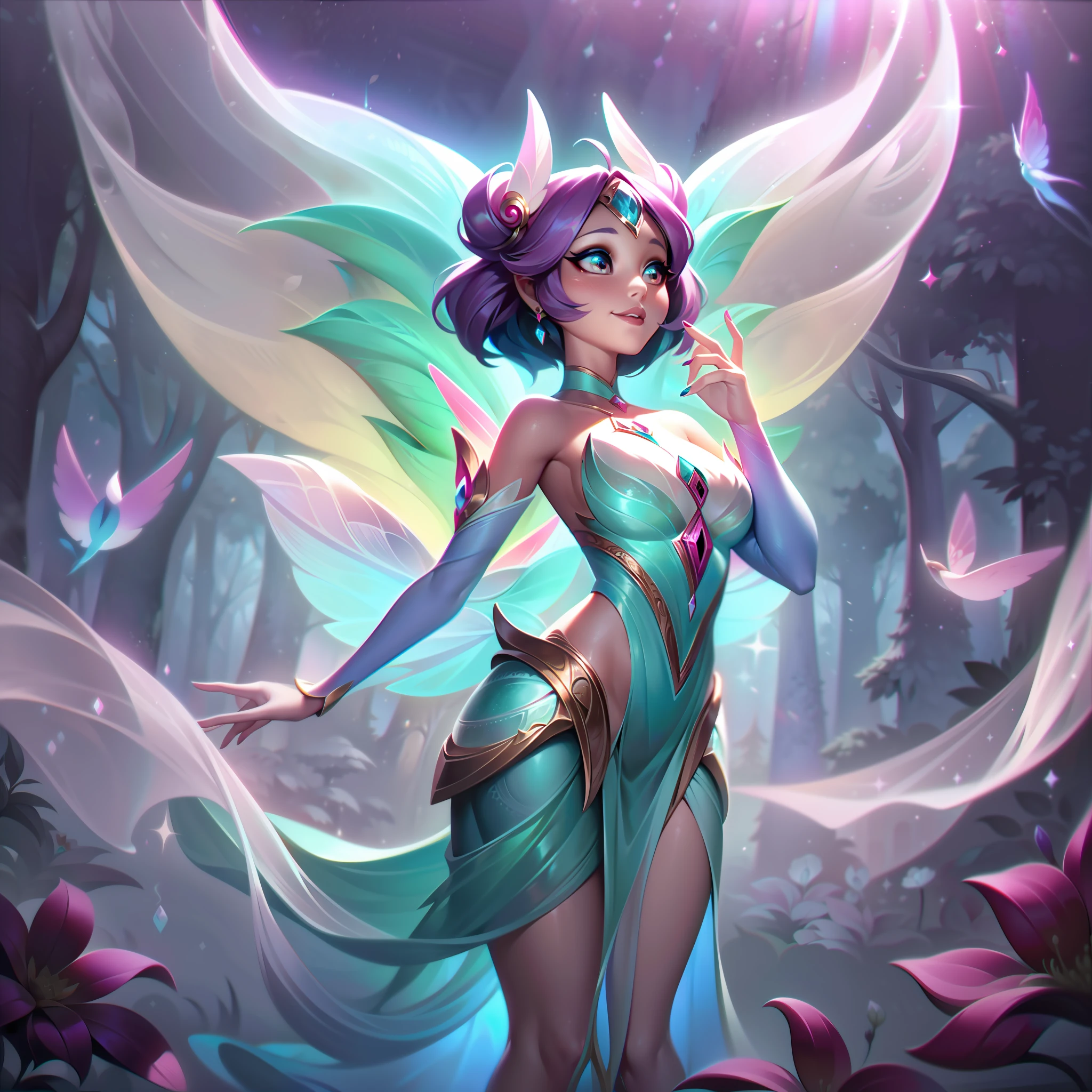 The Epic Skin "Enchanted Fairy Baembi" offers a whimsical and enchanting transformation of the Forest Sprite, turning her into a magical fairy of nature's wonders.

In the splash art, Baembi's appearance takes on a stunning metamorphosis. She now stands as an ethereal and radiant fairy, with delicate and translucent wings adorned with shimmering fairy dust. Her clothing is now adorned with enchanting motifs and sparkling gemstones, reflecting her newfound magical prowess.

Baembi's eyes radiate with a playful and mischievous glow, showcasing her mischievous and spirited nature. Her pose exudes grace and elegance, as if she is ready to sprinkle her enchanting fairy dust and magical spells on the battlefield.

In the background, an enchanted forest comes to life with glowing flora, magical creatures, and dancing fireflies, enhancing the sense of wonder and enchantment.

The color palette is a captivating blend of soft pastels and luminescent hues, creating a dreamy and enchanting atmosphere that reflects Baembi's newfound fairy magic.