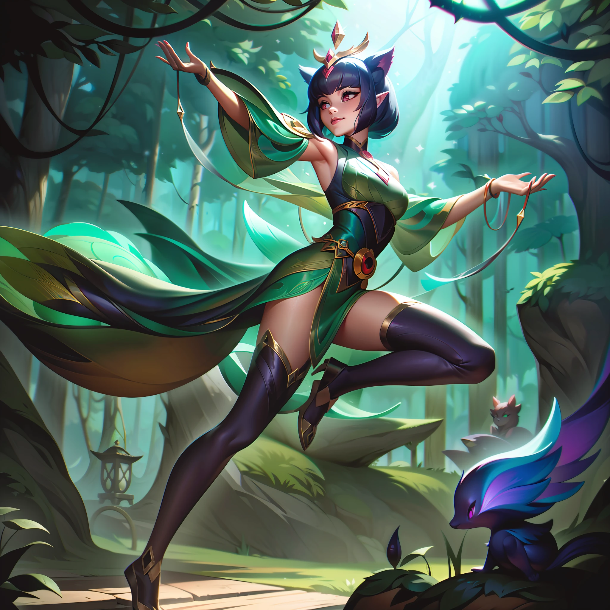 The base splash art of "Sealing Impaler Baembi" captures the essence of the playful and spirited Forest Sprite. Baembi stands with an air of mischievousness, surrounded by lush greenery and vibrant nature. Her appearance reflects her deep connection to the forest, with her clothing adorned with leaves and vines.

Baembi's eyes sparkle with magical energy, hinting at her powerful Sealing Impale ability. Her pose exudes confidence and readiness for action, as if she is prepared to unleash her nature-infused magic on the battlefield.

In the background, a sunlit glade with towering trees and dancing wildlife enhances the sense of wonder and enchantment, reflecting Baembi's natural habitat.

The color palette is dominated by vibrant greens and earthy tones, evoking the feeling of being in a mystical forest filled with life and magic.