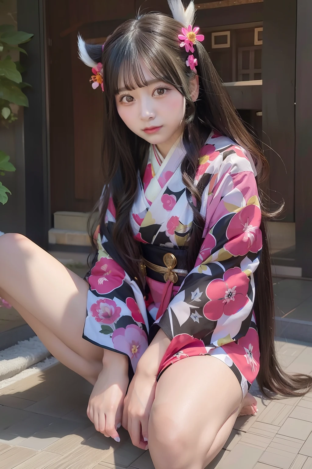 1girl, Nezuko, Long hair, Black hair, Kimono, Realistic