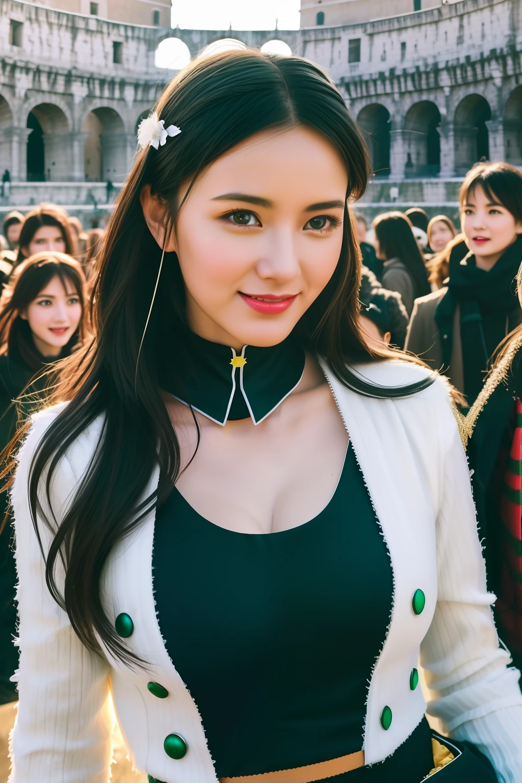 Best quality, 超高分辨率, Detailed face, Realistic face,RAW photo,2girls,duo,navel,(Castel Sant'Angelo in Rome,crowd,winter,Snow),(cheerful big breasts, Energetic, cheerfulness:1.4), Green eyes, Small hairpins for ladybugs,
(hdr:1.4), Dramatic, the complex background, Cinematic, cinematic ligh, (rootkowski, art stations:0.8),
insanely details, Intricate details, ultra - detailed, Low contrast, Soft cinematic light, exposure blend, hdr ,