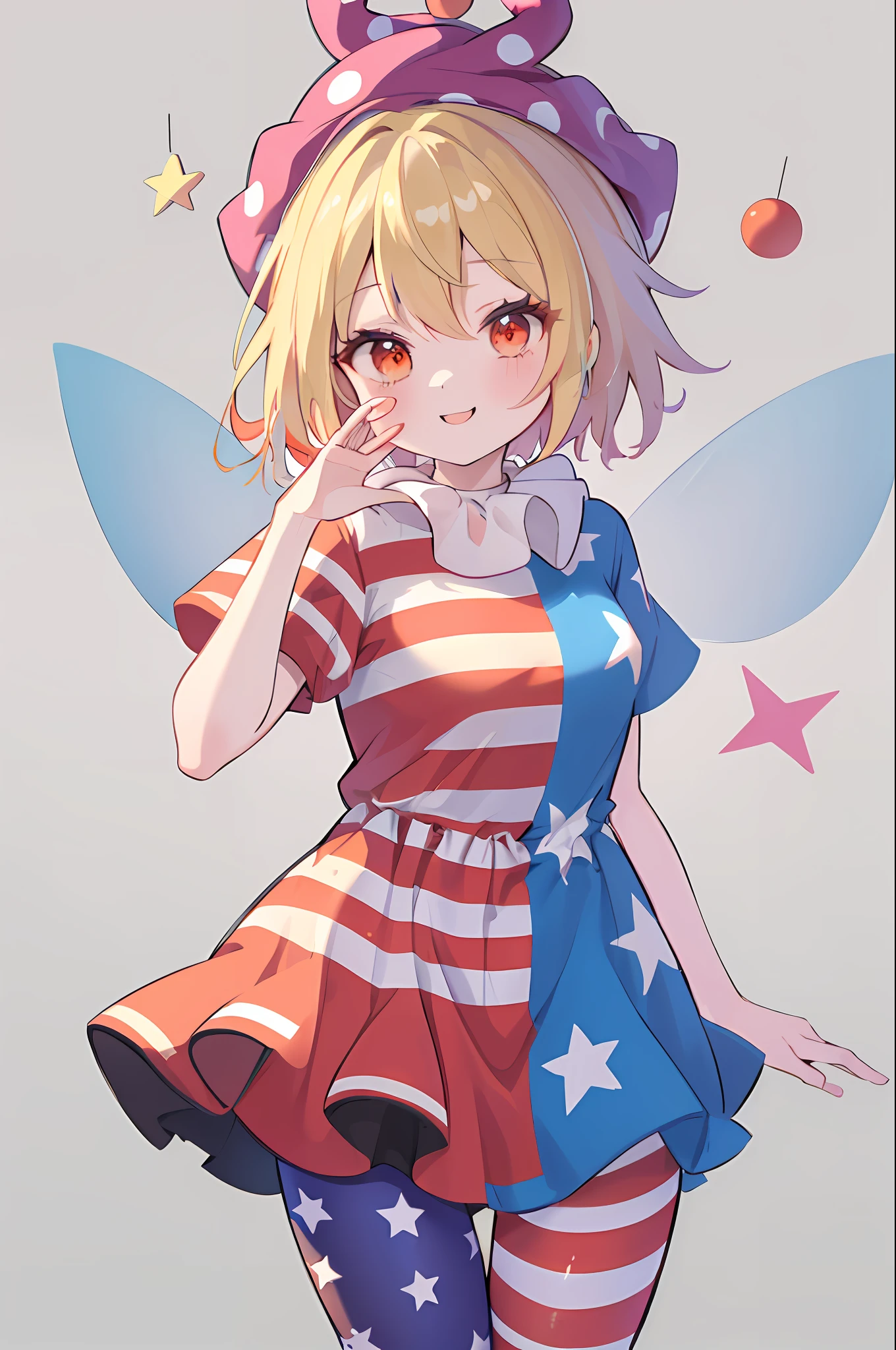 (masutepiece, Best Quality:1.2), Cowboy Shot, Solo, 1girl in, Clown Piece, Smile, Looking at Viewer, hand on own face, JESTER CAP, polka dot, American Flag Dress, Neck ruff, Short sleeves, American Flag Legwear, pantyhose, fairy wings, Star \(symbol\)