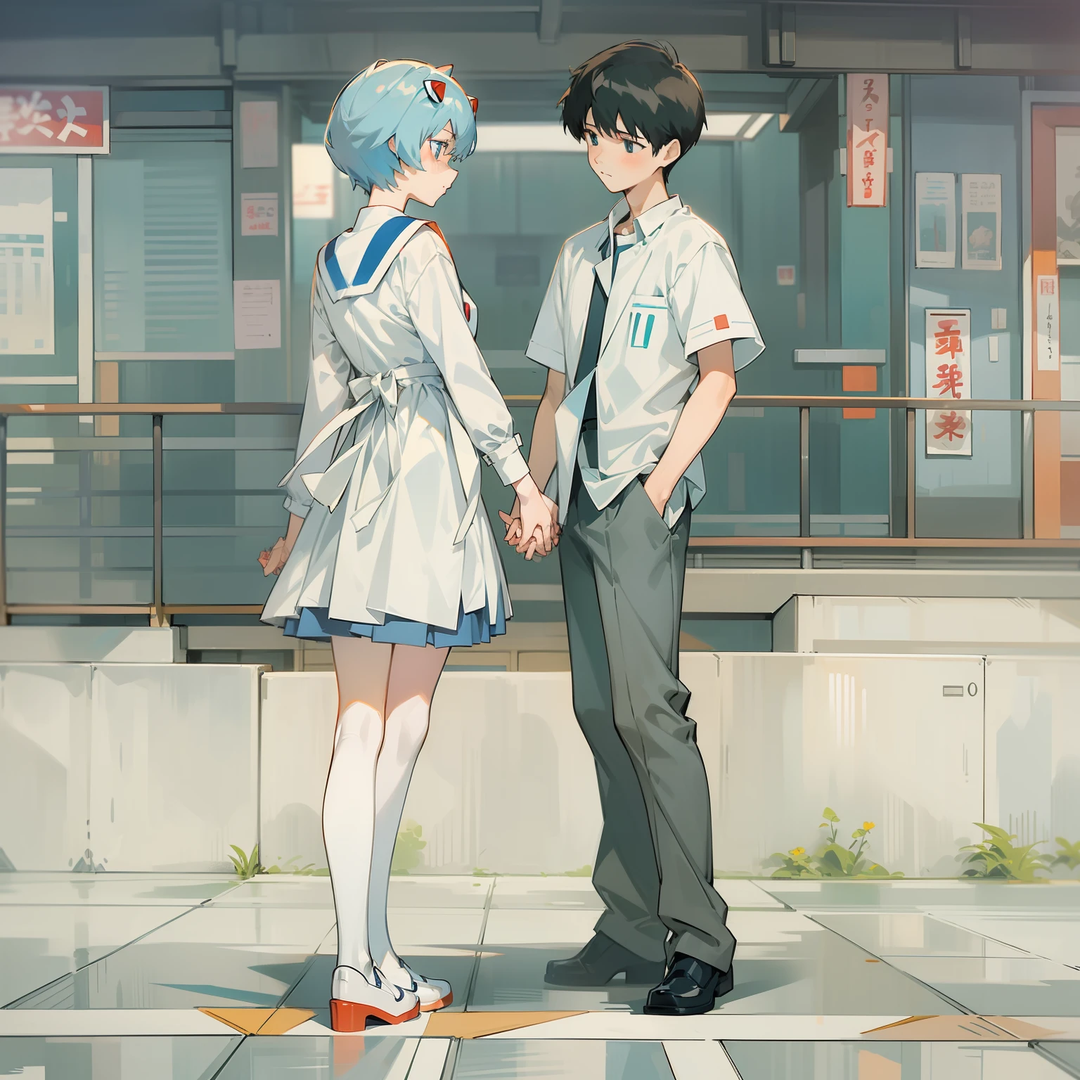 Student couple in Japan uniform。Rei Ayanami and Shinji Ikari with black hair。Couples without height difference。Depict a scene where two people are holding hands。