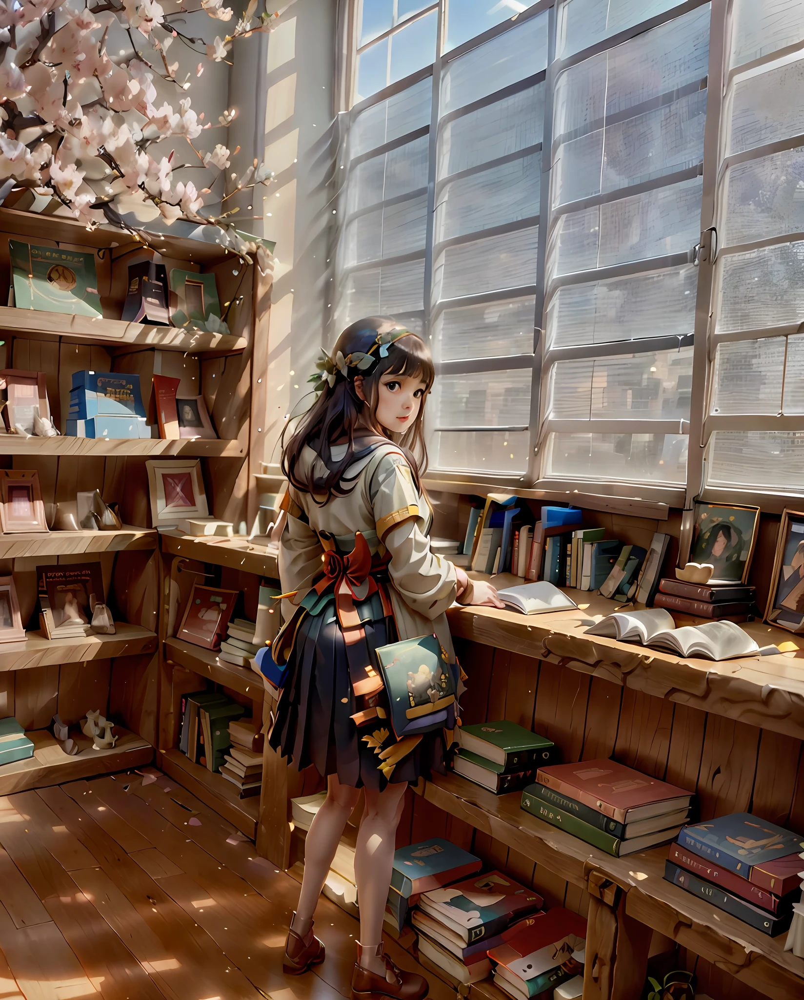 There's a woman standing in a room with books on shelves, inspirado em Naomi Okubo, Directed by: Naomi Okubo, standing inside a magic library, livros por todo o lado, olhando para o lado, studio ghibli sunlight, livros e flores, Fotografia tirada em 2 0 2 0, olhando para o lado, em uma biblioteca, Figura completa, ao lado de uma grande janela
