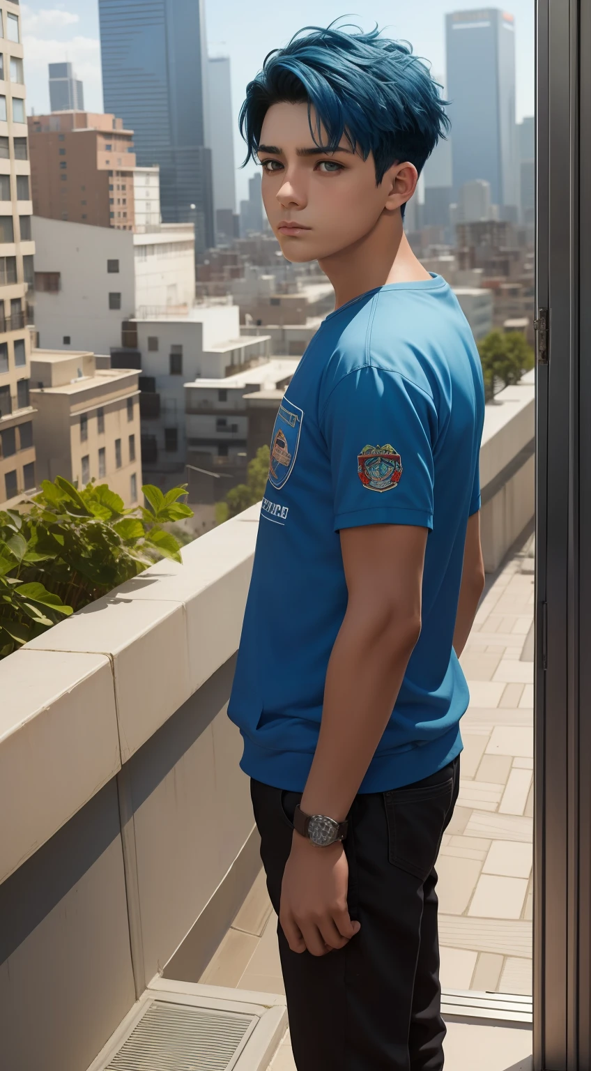 usar el mismo chico, 15-year-old man with short, Straight blue hair standing on a terrace looking at a strange city, tiene mirada triste,
