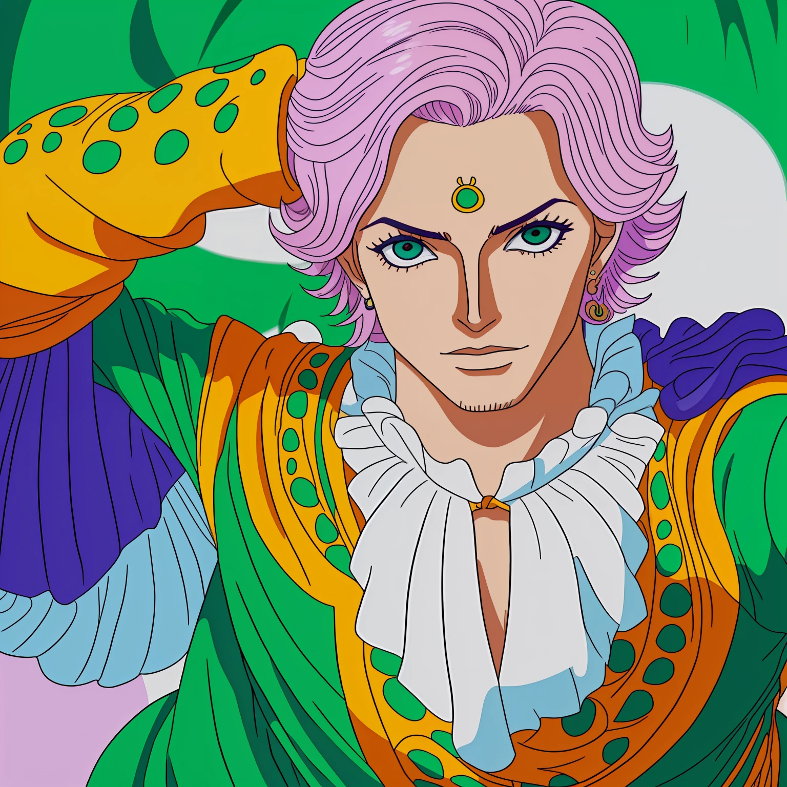 \(One_Piece\), (Estilo de arte de anime), ((sozinho)), ((1person)), 1menino, ((1homem)), ((novo)), ((jovem)), (Sabo), ((cabelo do Sabo)), ((olhos serenos)), ((sabedoria)), (olhos detalhados), ((olhos verdes intensos)), ((olhos esmeraldas)), ((cabelo curto)), ((cabelo cheio)), ((franja cobrindo olho direito)), ((Tenryubito clothes, pastels colors, prince clothes)), ((prince)), ((nobre mundial)), ((cabelo loiro amarelo)), ((corpo masculino delicado)), ((cara de novo)), ((pele branca)), ((pele clara)), ((belo)), ((perfeito)), ((delicado)), ((bonito)), ((cabelo cacheado)), ((cabelo volumoso curto)), ((luva)), ((cinto)), ((olhos de ressaca)), (boa qualidade), (bem desenhado), ((bem detalhado)), (realeza), (nobreza), nobre mundial, ((fundo branco)), ((fundo simples)), ((corpo inteiro))