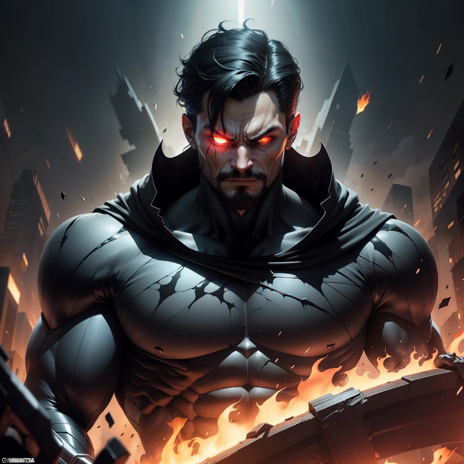 "Wrapped in a black suit, o Superman se afasta das cores vivas que o caracterizam, taking on a dark and disturbing appearance. His dark clothes reflect the corruption of his heart, enquanto ele sobrevoa uma cidade envolta em chamas, about to be destroyed. The iconic symbol of hope on his chest now distorts, tornando-se um emblema de temor e desespero. Moving with a sinister elegance, He wields his powers menacingly, bringing destruction in its wake. That which had once been the most powerful hero, now he had become the embodiment of evil, A super villain ready to annihilate everything in his path.”