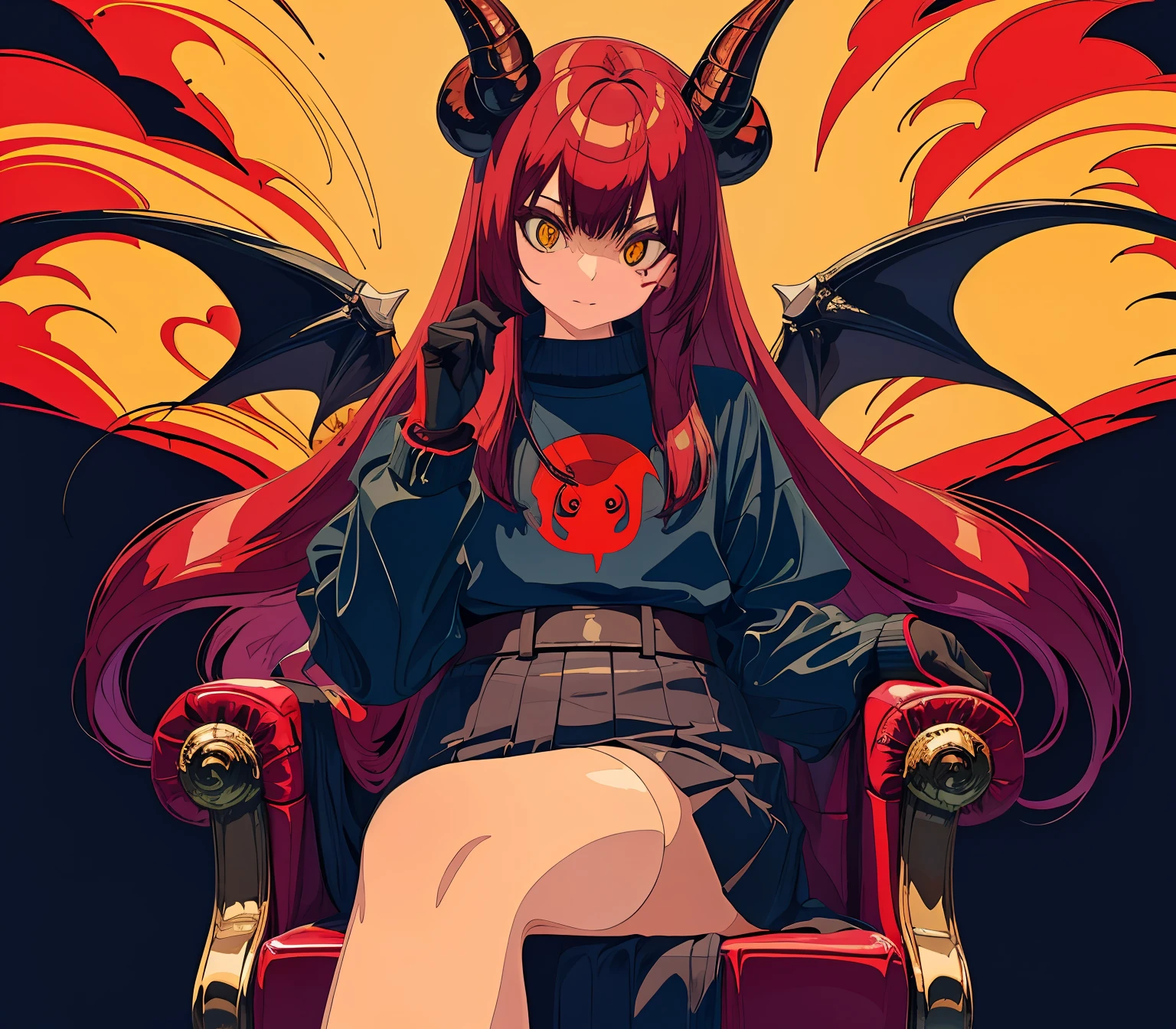 1girl, demon girl, big red goat horn, red hair, demonic, yellow eyes, dominance, demon lord, wearing gloves, sitting on throne, dark hell background, fires