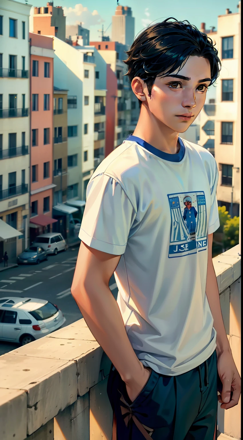 (usar el mismo personaje, usa la misma ropa) 15-year-old man with straight blue hair, camiseta blanca del colegio,Standing on a terrace looking at a strange city