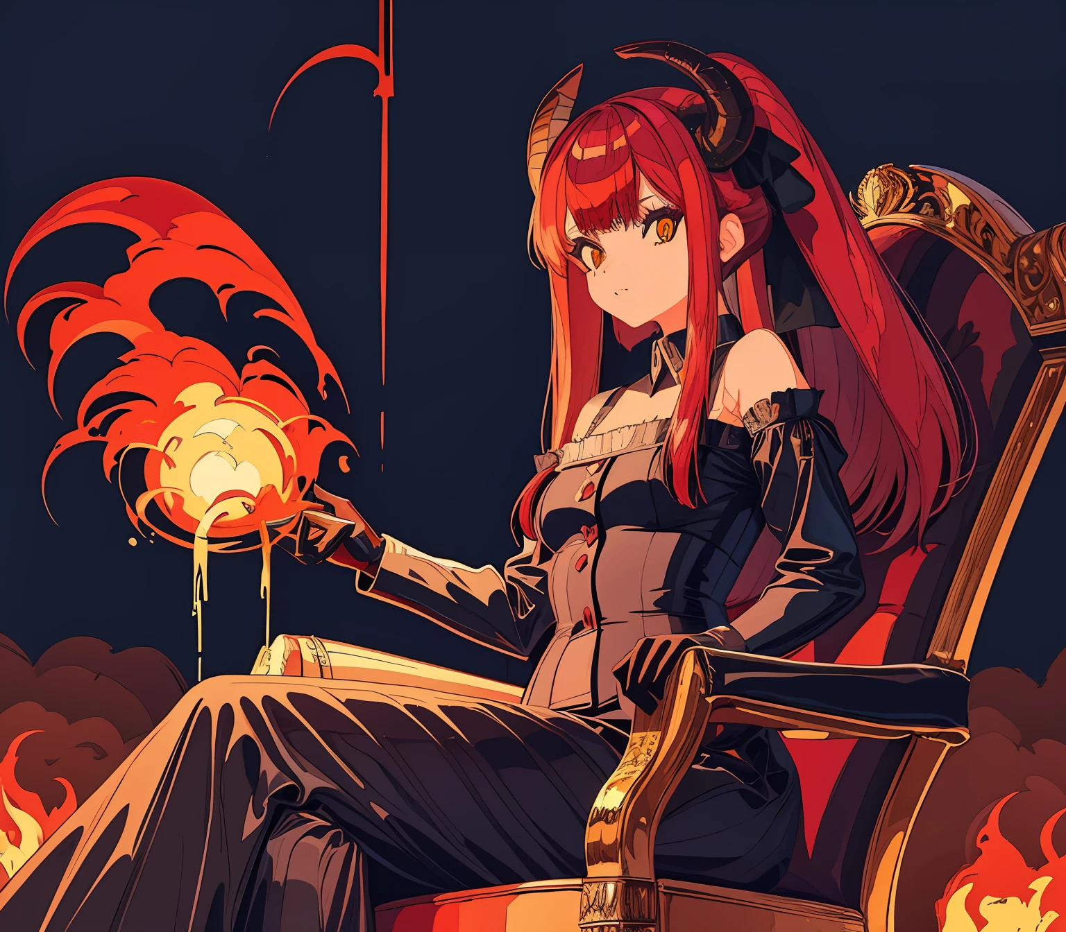 1girl, demon girl, big red goat horn, red hair, demonic, yellow eyes, dominance, demon lord, wearing gloves, sitting on throne, dark hell background, fires