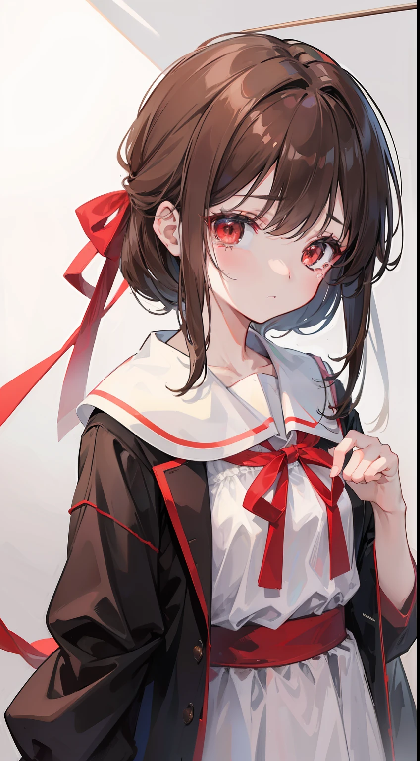 One girl、​masterpiece、top-quality、Top image quality、Brown hair、One knot、Red ribbon on head、校服、mournful、grey sky、crying how bright