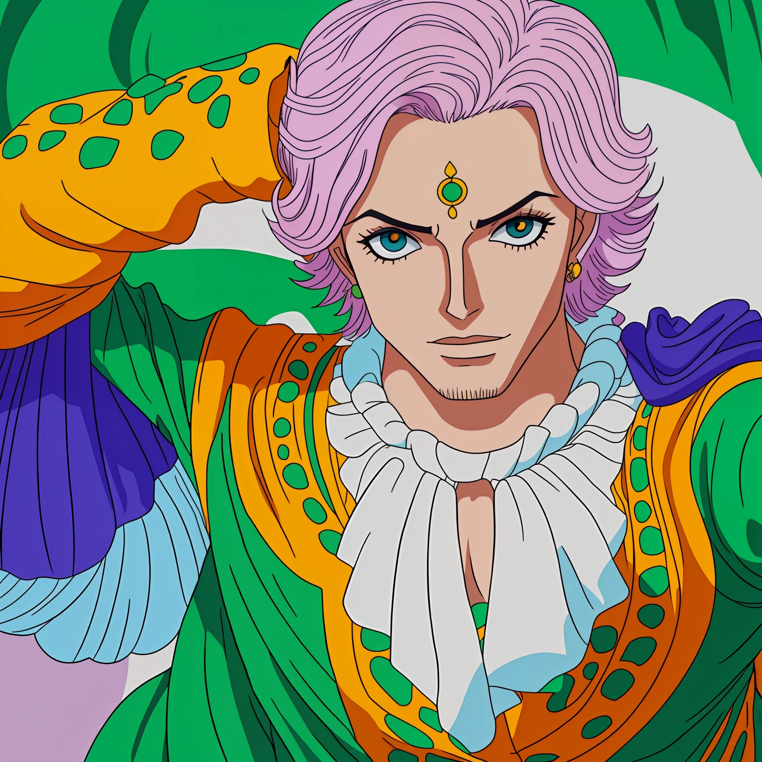 \(One_Piece\), (Estilo de arte de anime), ((sozinho)), ((1person)), 1menino, ((1homem)), ((novo)), ((jovem)), (Sabo), ((cabelo do Sabo)), ((olhos serenos)), ((sabedoria)), (olhos detalhados), ((olhos verdes intensos)), ((olhos esmeraldas)), ((cabelo curto)), ((cabelo cheio)), ((franja cobrindo olho direito)), ((Tenryubito clothes, pastels colors, prince clothes)), ((prince)), ((nobre mundial)), ((cabelo loiro amarelo)), ((corpo masculino delicado)), ((cara de novo)), ((pele branca)), ((pele clara)), ((belo)), ((perfeito)), ((delicado)), ((bonito)), ((cabelo cacheado)), ((cabelo volumoso curto)), ((luva)), ((cinto)), ((olhos de ressaca)), (boa qualidade), (bem desenhado), ((bem detalhado)), (realeza), (nobreza), nobre mundial, ((fundo branco)), ((fundo simples)), ((corpo inteiro))