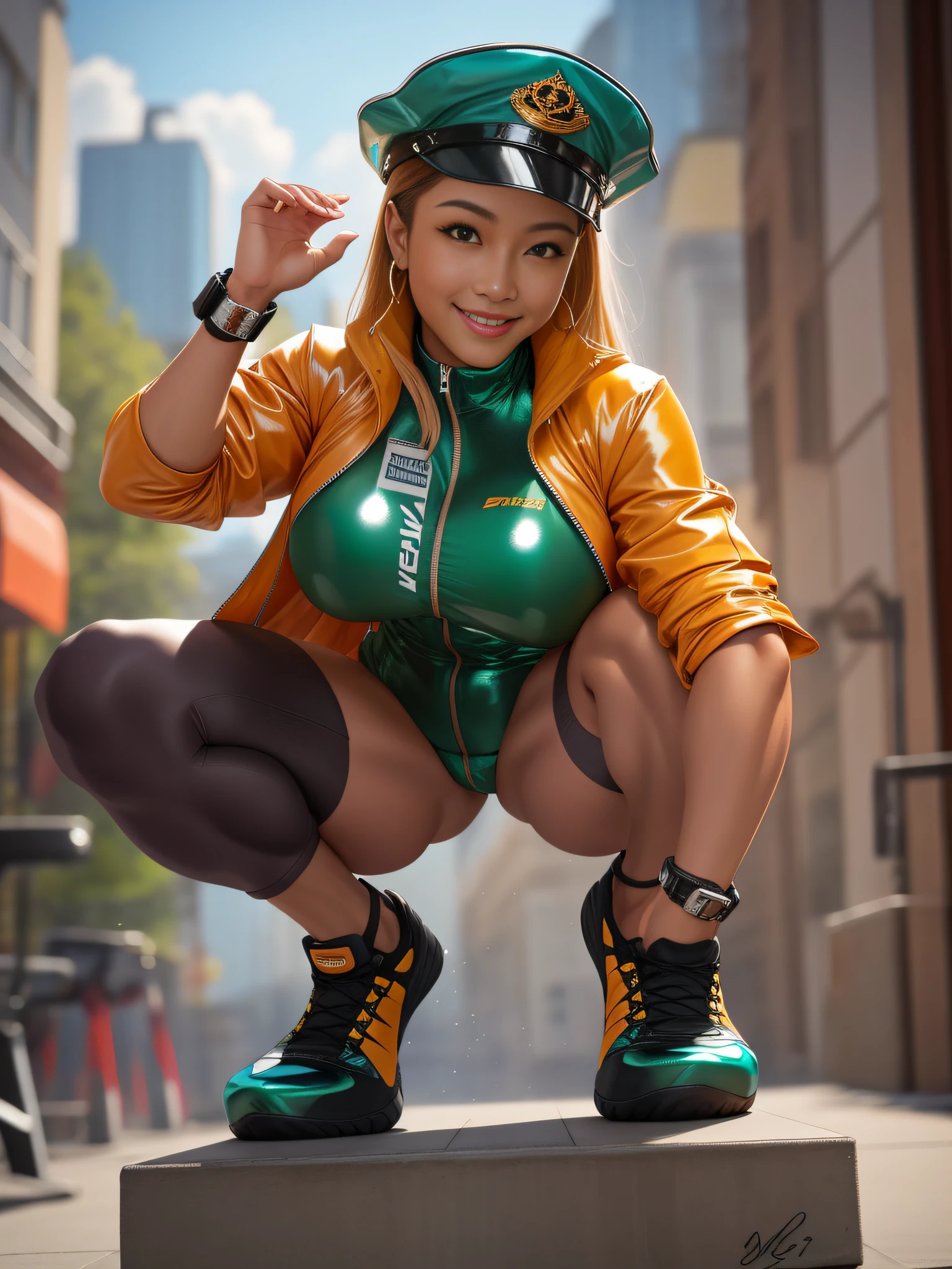 Five Fingers、Big breasts about to burst、Fitness Model、musculature、Glossy jacket、clothes shiny、a smile、full-body view、