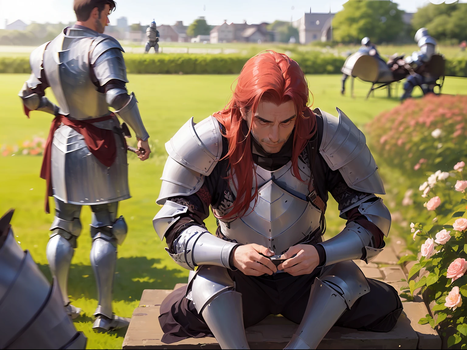 Best Quality, 4K, Man with long hair, Red hair, In Golden Armor, In the gardens of England, garden, A clear day, Soft light, 11 a.m., Gaussian blur, Men in armor practicing swords in the background, (Blur on background:2), Garden full of flower bushes, daily life, Relaxing, Bushes all the way, rest, (Man in armor on background:2), cosplay foto,