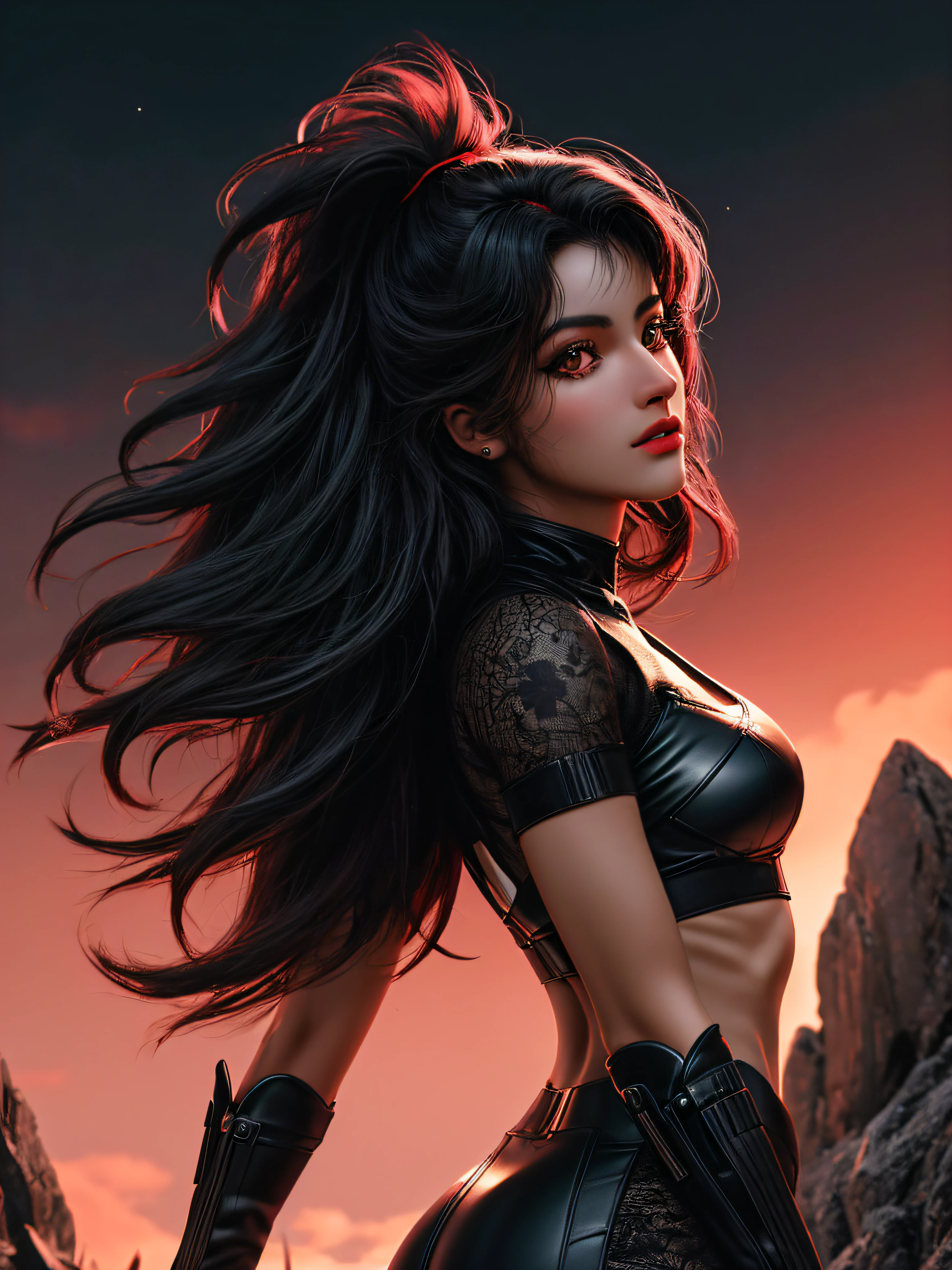 melhor qualidade, ultra-detalhado, illustration, Mulher werewolf metade lobo metade mulher, cabelo comprido preto, olho vermelho, half wolf half woman, gola fofa, roupa de realeza rosa e preto, floresta, lua, sketchfab, corpo inteiro, alta qualidade, textura da pele, detalhes intrincados, (cinematic lighthing), Foto RAW, 8k
