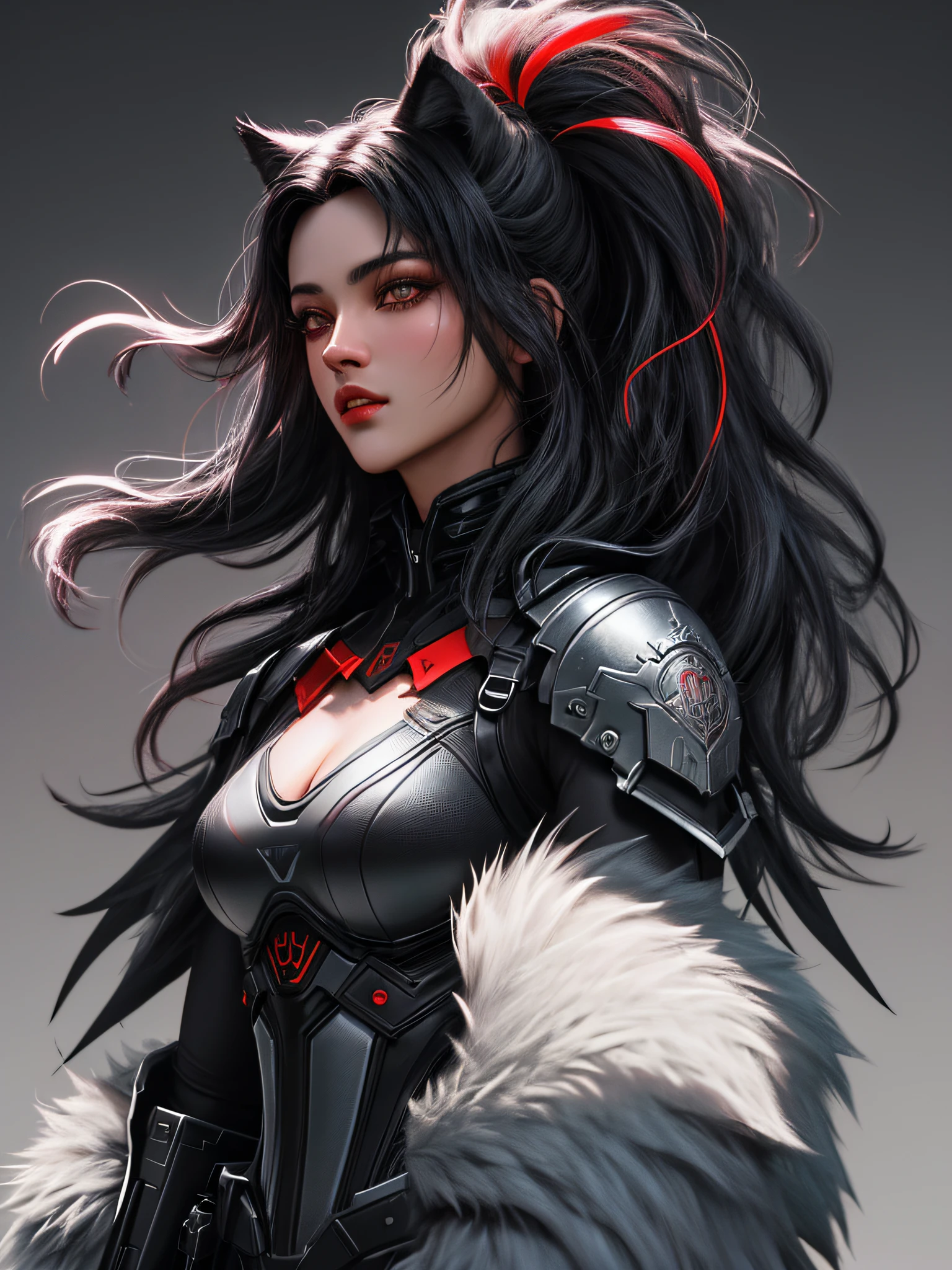 imagem de uma mulher lobo, melhor qualidade, ultra-detalhado, illustration, Mulher metade lobo metade mulher, cabelo comprido preto, olho vermelho, half wolf half woman, gola fofa, roupa de realeza rosa e preto, floresta, lua, sketchfab, corpo inteiro, alta qualidade, textura da pele, detalhes intrincados, (cinematic lighthing), Foto RAW, 8k