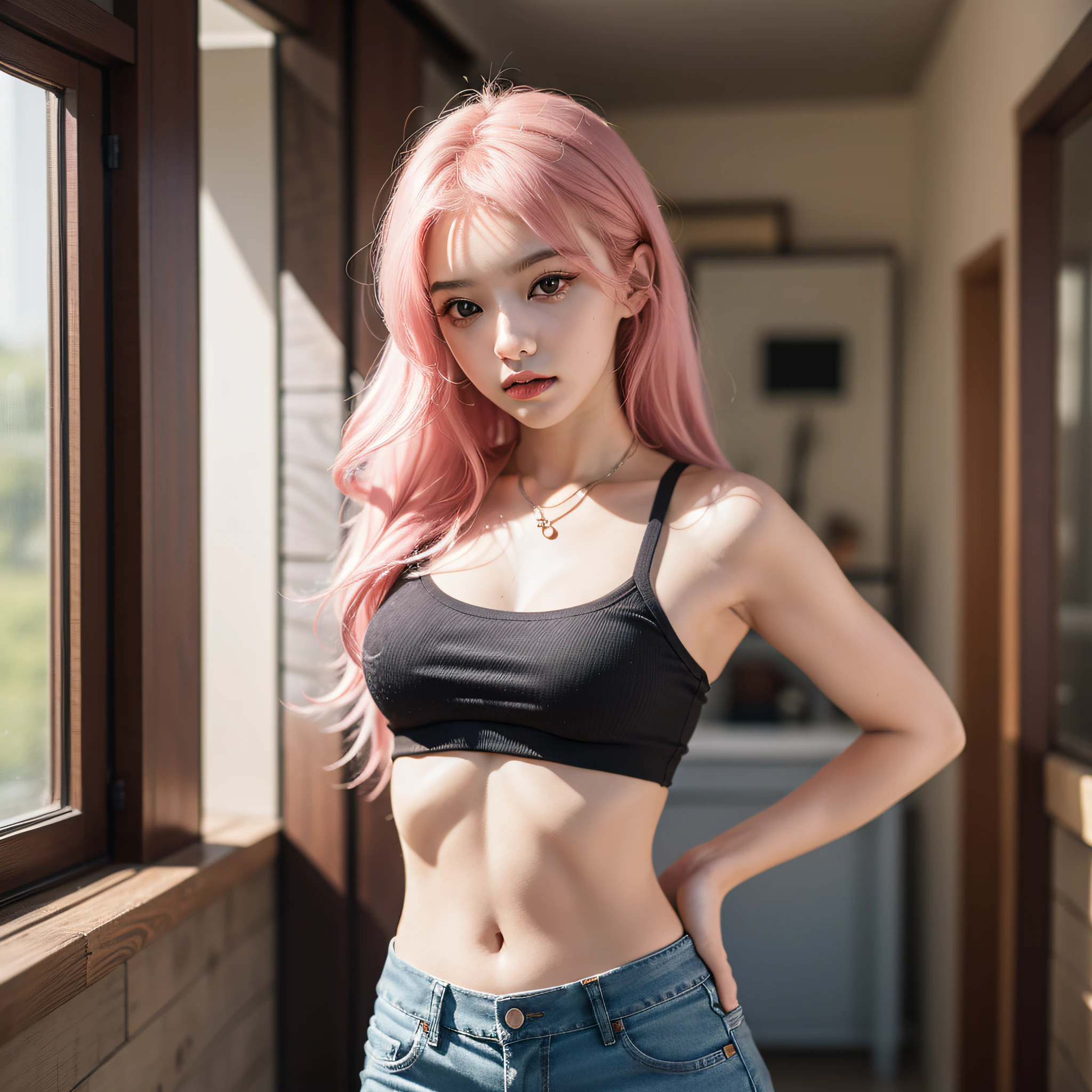 (obra-prima, melhor qualidade), 1girl, cabelo rosa, crop top, shorts jeans, quarto, coxas