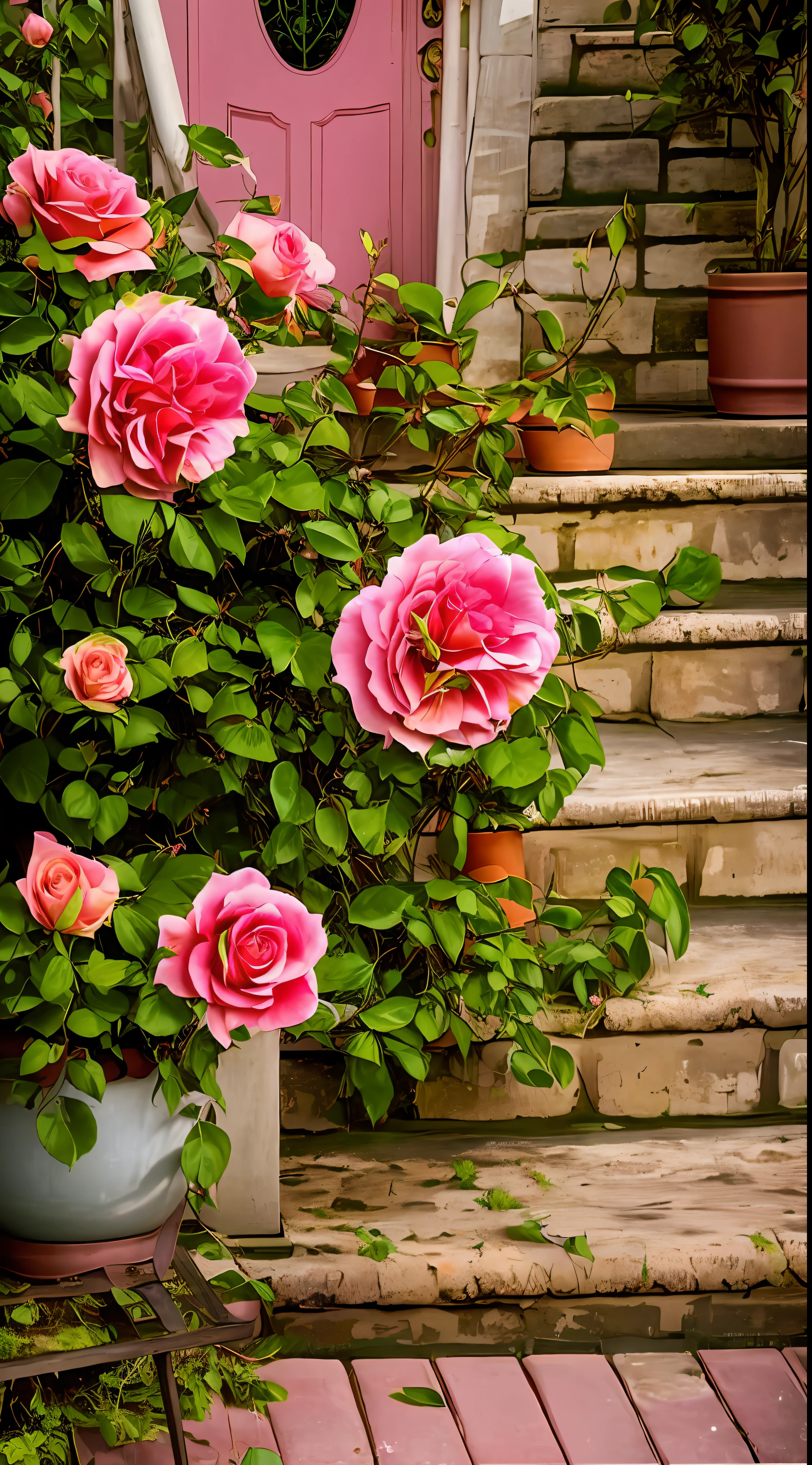 On the steps there is a potted plant of pink roses, rose twining, rose-brambles, roses in cinematic light, rosa bonheurn, rosette, Incredibly beautiful, growing out of a giant rose, a few roses, crown of peach roses, photo taken with canon 5d, with soft bushes, staggering in its beauty, Rozen Maiden