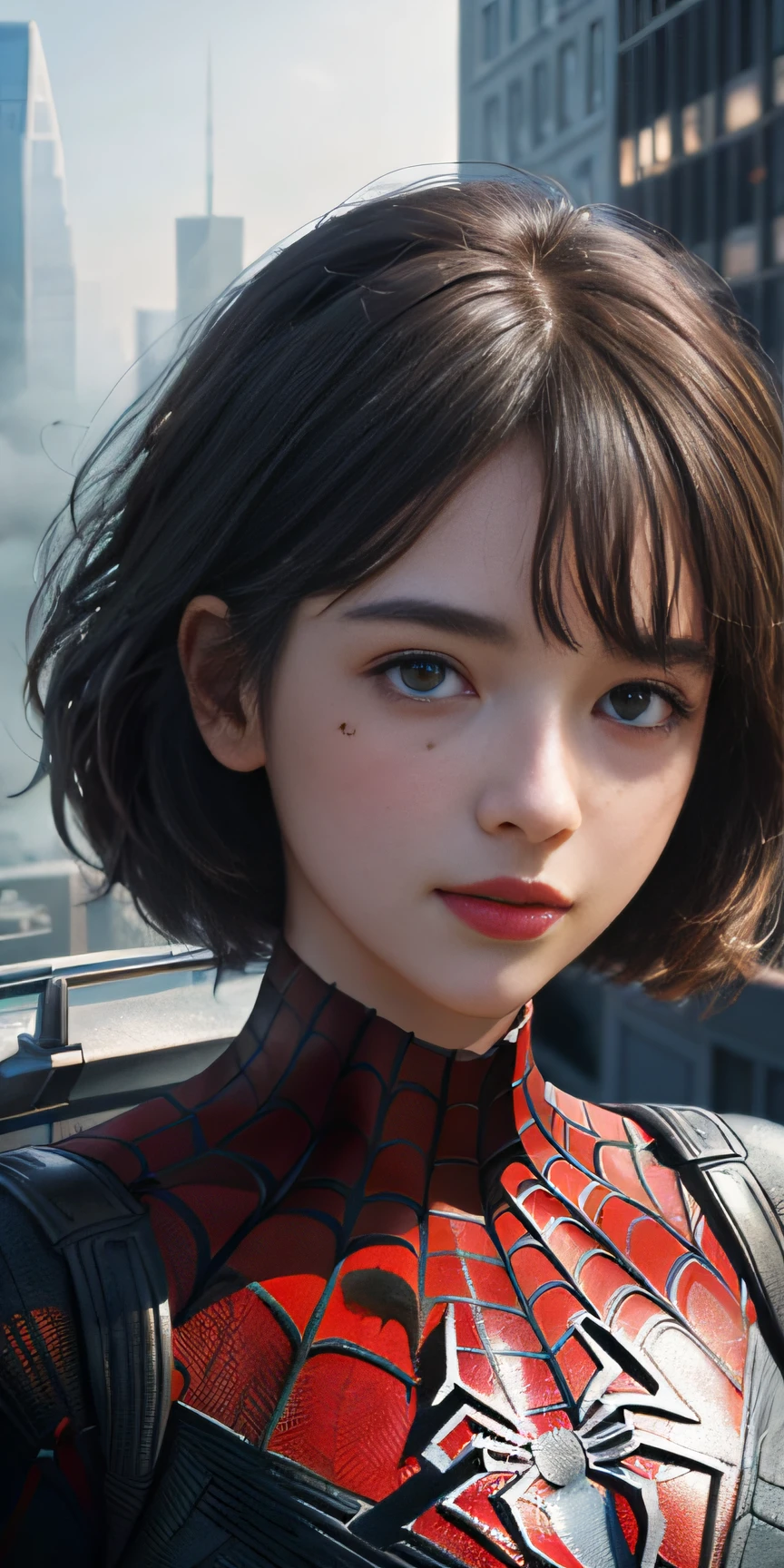 (1girl:1.3), Solo, (((Very detailed face)))), ((Very detailed eyes and face)))), Beautiful detail eyes, Body parts__, Official art, Unified 8k wallpaper, Super detailed, beautiful and beautiful, beautiful, masterpiece, best quality, original, masterpiece, super fine photo, best quality, super high resolution, realistic realism, sunlight, full body portrait, amazing beauty, dynamic pose, delicate face, vibrant eyes, (from the front), She wears Spider-Man suit, red and black color scheme, spider, very detailed city roof background, rooftop, overlooking the city, detailed face, detailed complex busy background, messy, gorgeous, milky white, highly detailed skin, realistic skin details, visible pores, clear focus, volumetric fog, 8k uhd, DSLR, high quality, film grain, fair skin, photo realism, lomography, futuristic dystopian megalopolis, translucent