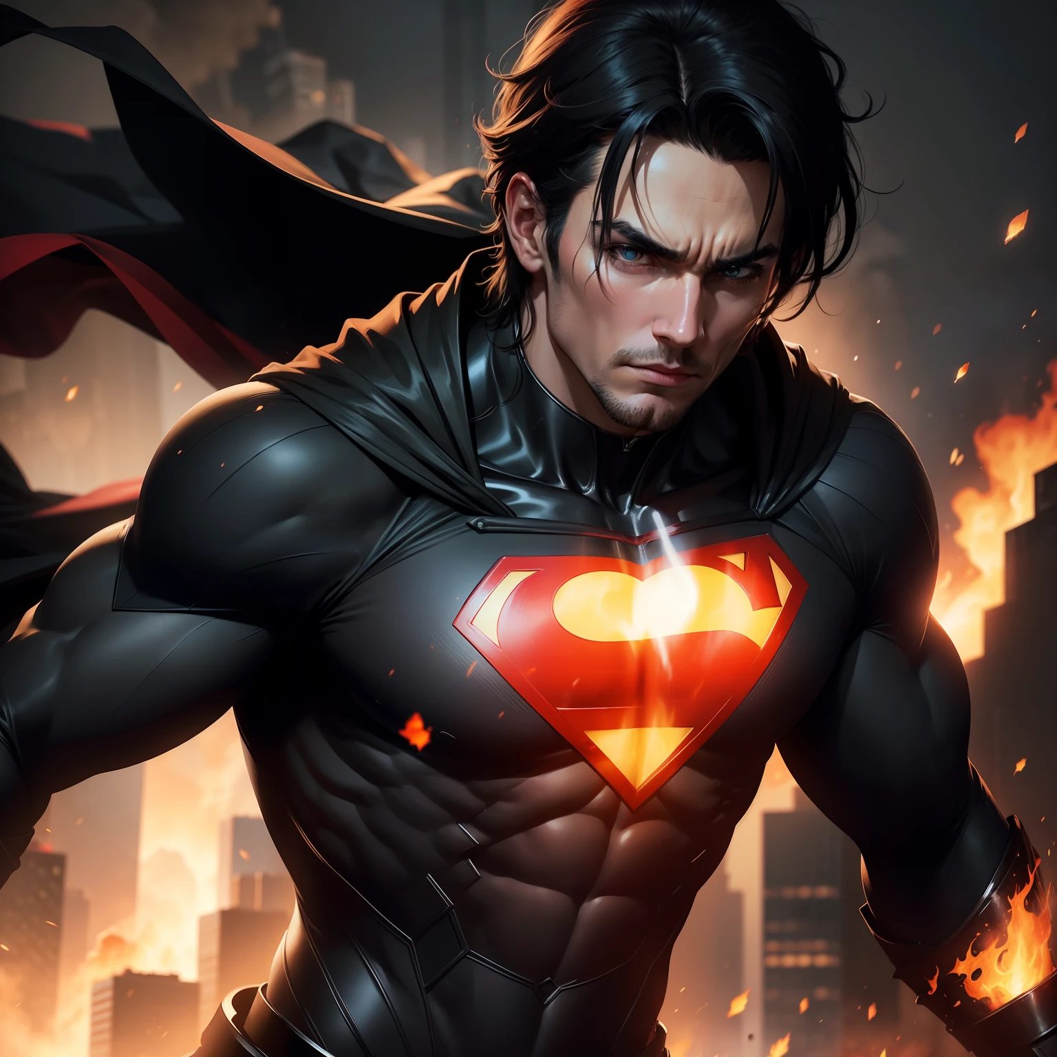 "Wrapped in a black suit that contrasts with the bright red of the legendary 'S' on his chest, Superman flies through the skies towards a city that burns. Seus olhos brilham com intensidade, reflecting their determination to help and protect the innocent. Although its appearance may seem gloomy:, His heart remains imbued with hope and justice. He uses his immeasurable powers to extinguish the flames and rescue citizens terrified by tragedy. The hero symbol on his chest, Now shrouded in darkness, It's a powerful reminder that, even in the darkest situations, The Light of Hope Can Shine Brighter.”