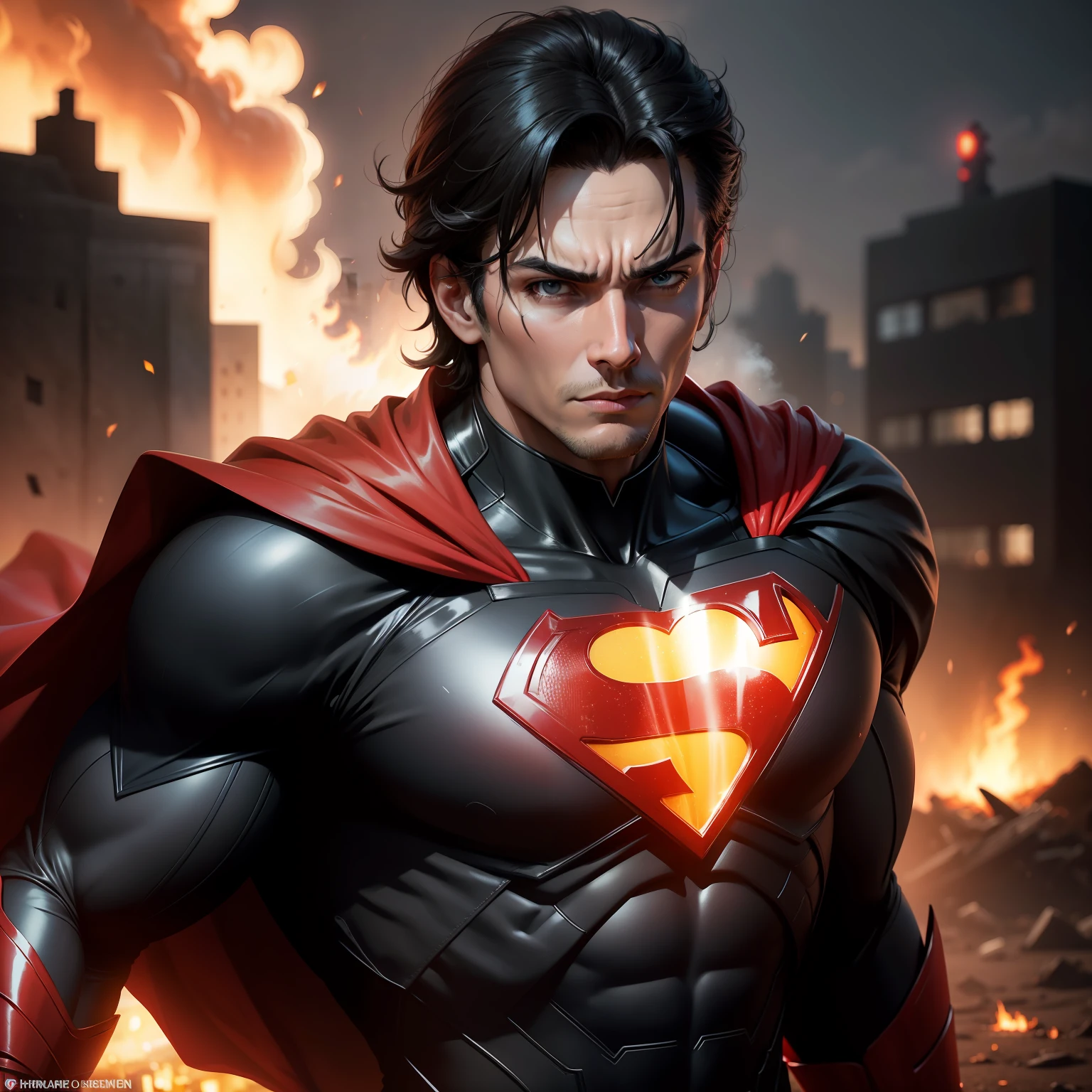 "Wrapped in a black suit that contrasts with the bright red of the legendary 'S' on his chest, Superman flies through the skies towards a city that burns. Seus olhos brilham com intensidade, reflecting their determination to help and protect the innocent. Although its appearance may seem gloomy:, His heart remains imbued with hope and justice. He uses his immeasurable powers to extinguish the flames and rescue citizens terrified by tragedy. The hero symbol on his chest, Now shrouded in darkness, It's a powerful reminder that, even in the darkest situations, The Light of Hope Can Shine Brighter.”